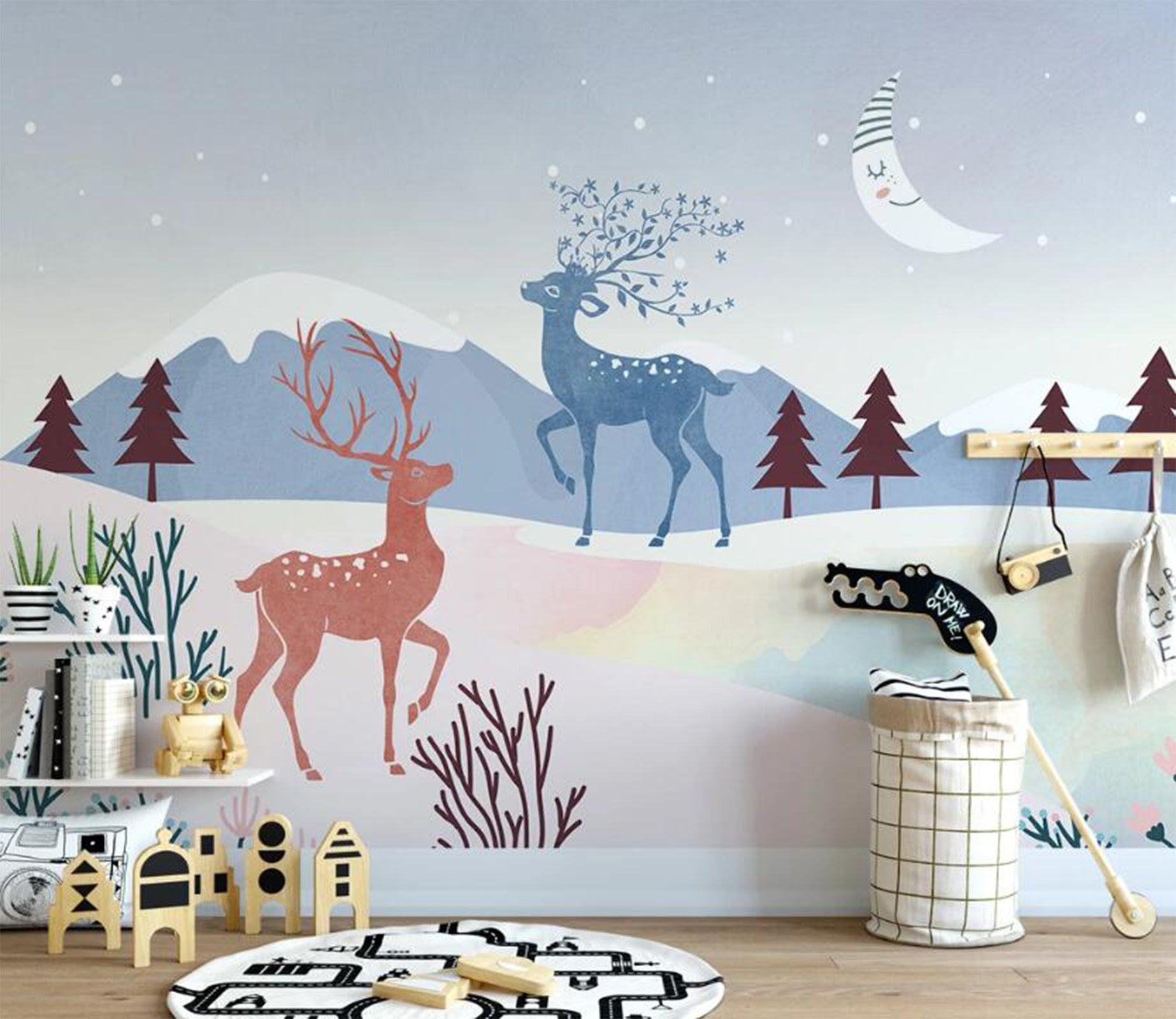 3D Blue And Red Deer 2561 Wall Murals