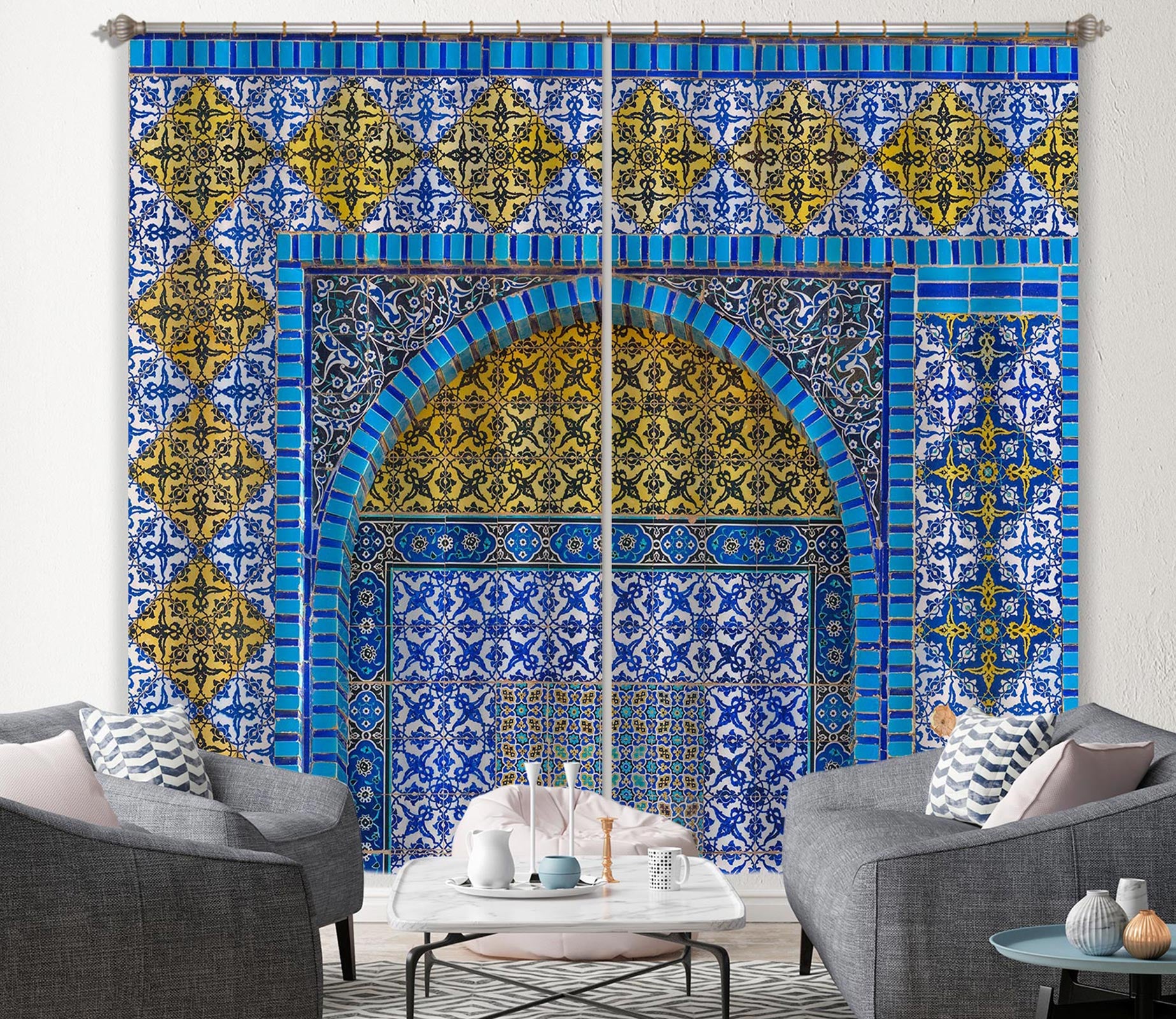 3D Blue Brick Pattern 074 Assaf Frank Curtain Curtains Drapes