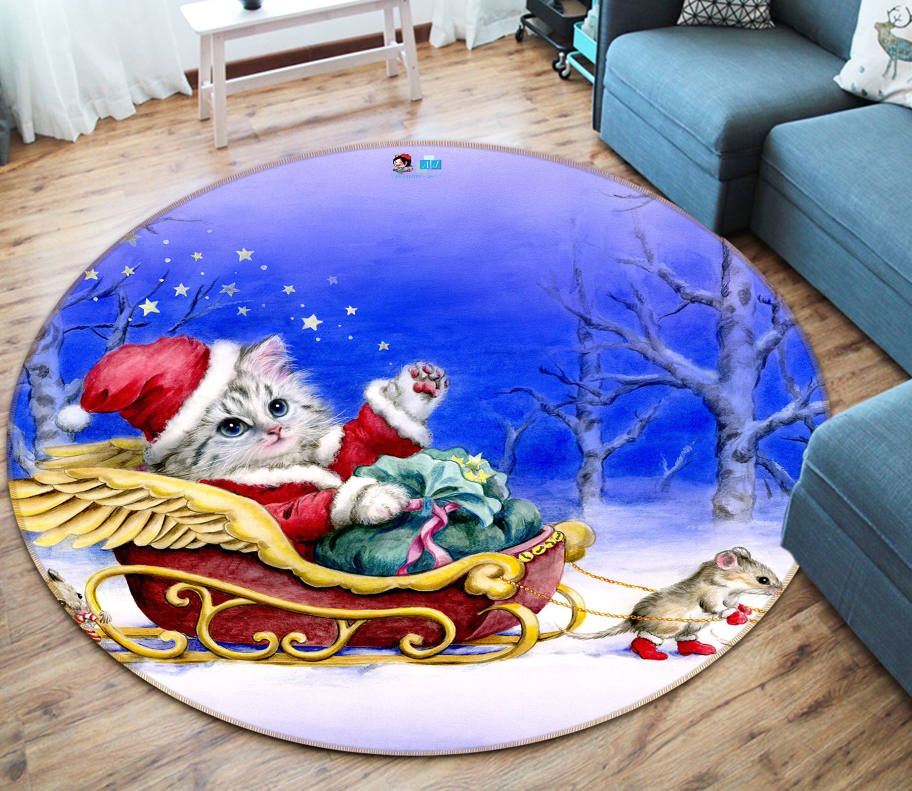 3D Christmas Cat Mouse 6059 Kayomi Harai Rug Round Non Slip Rug Mat