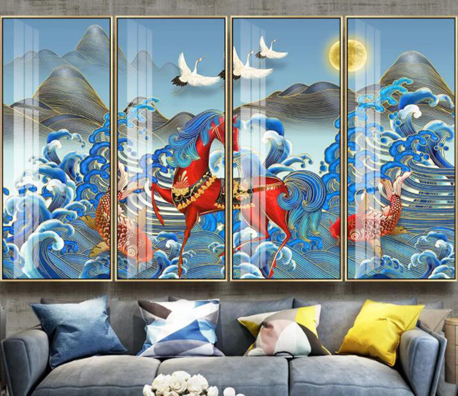3D Horse Goldfish Crane WC2382 Wall Murals
