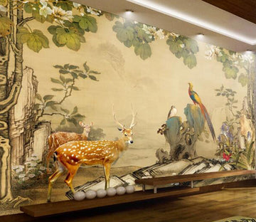 3D Sika Deer Peacock WC1368 Wall Murals