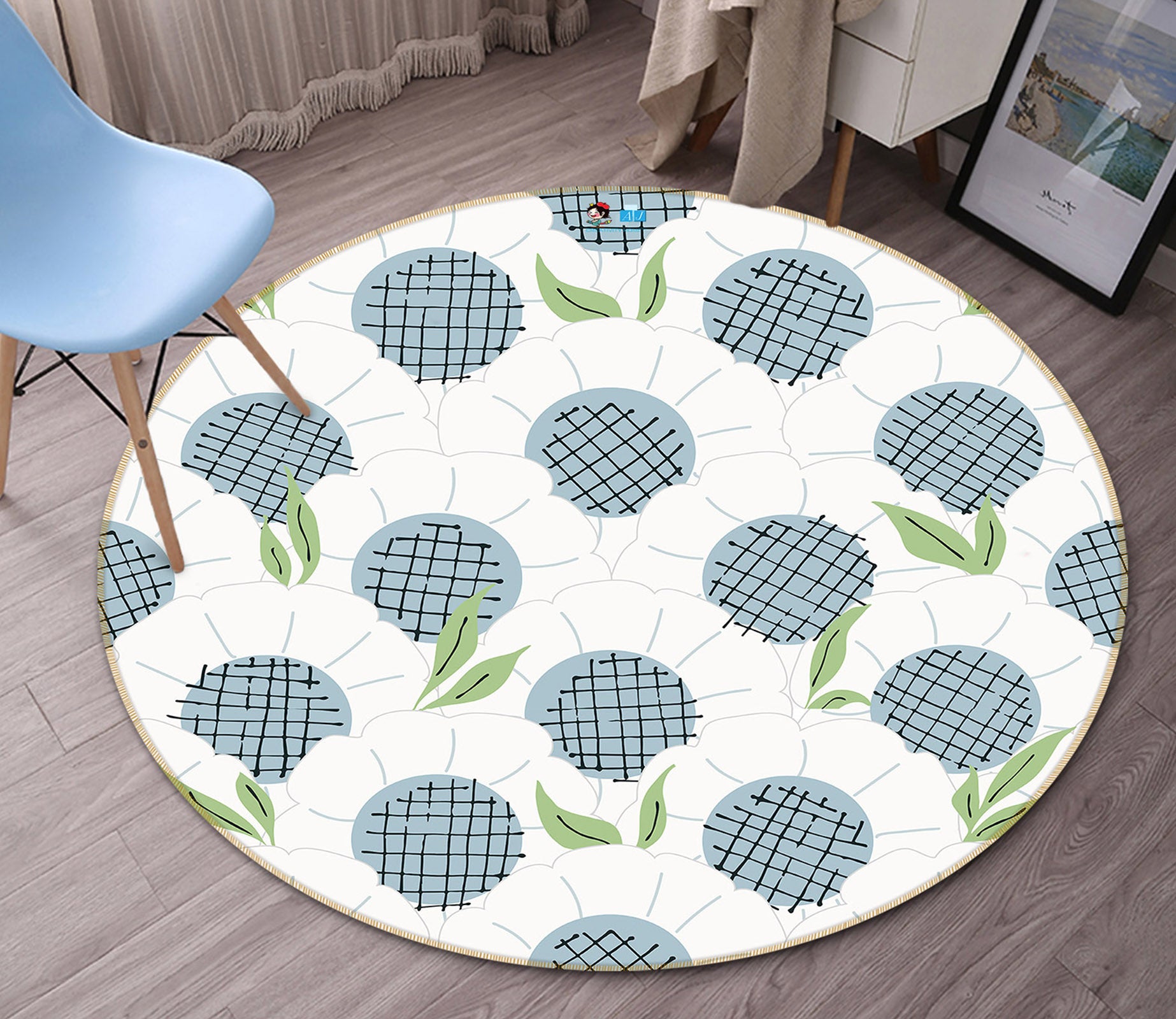 3D White Flowers 10566 Kashmira Jayaprakash Rug Round Non Slip Rug Mat