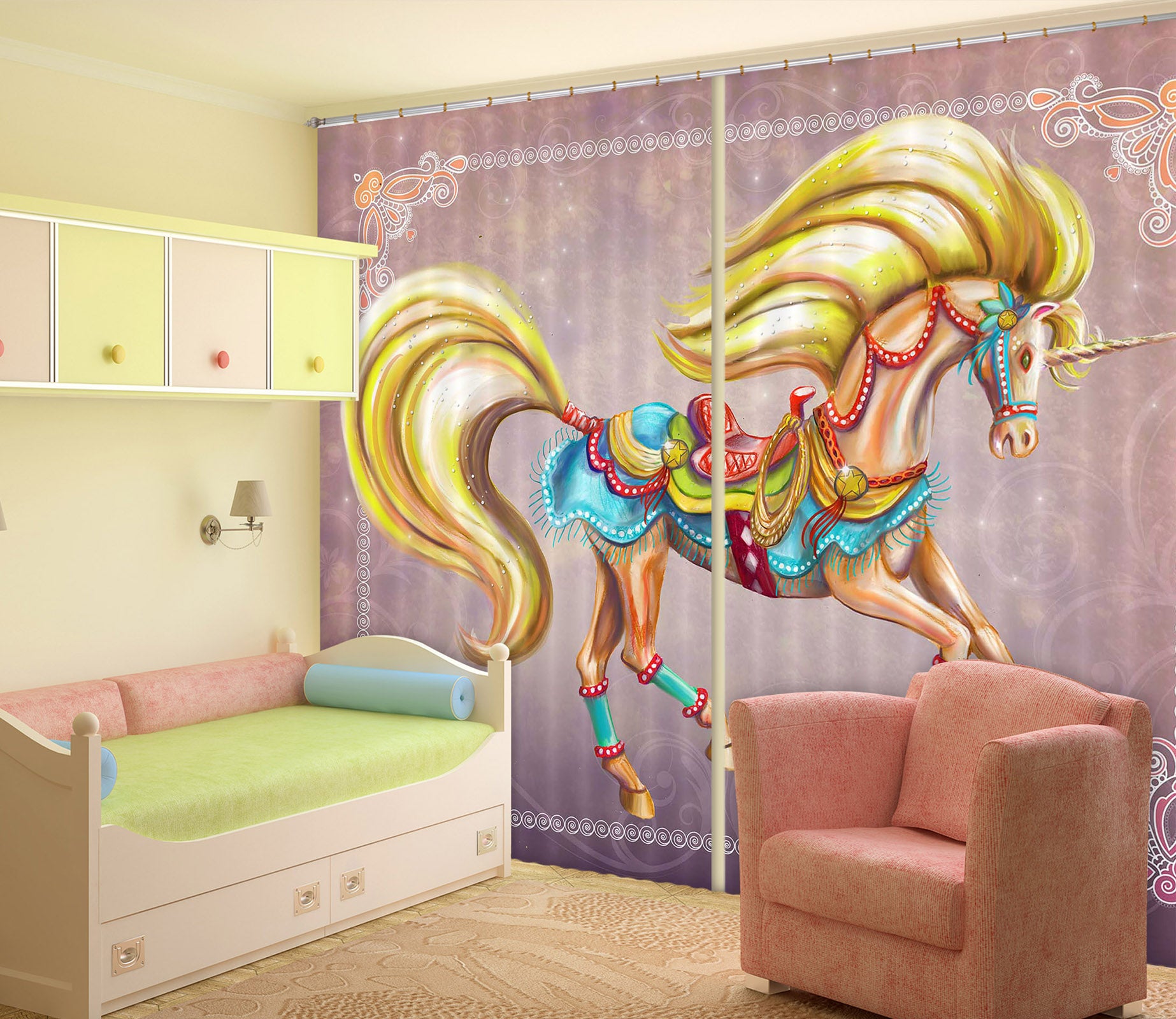 3D Golden Unicorn 131 Rose Catherine Khan Curtain Curtains Drapes