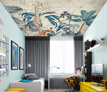 3D Blue Leaves Giraffe 5277 Andrea Haase Ceiling Wallpaper Murals
