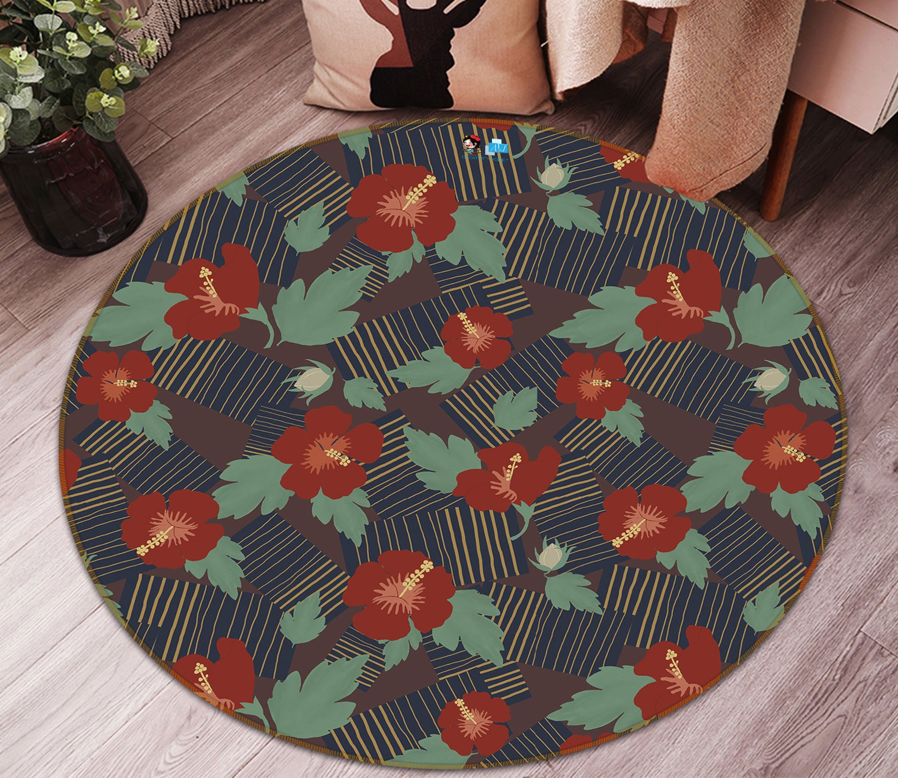 3D Red Flowers 9897 Kasumi Loffler Rug Round Non Slip Rug Mat