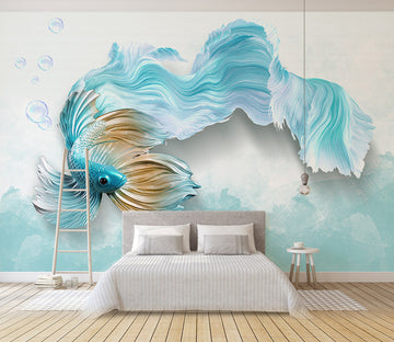 3D Blue Fish Bubble WG035 Wall Murals