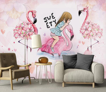 3D Girl And Flamingo 1017 Wall Murals