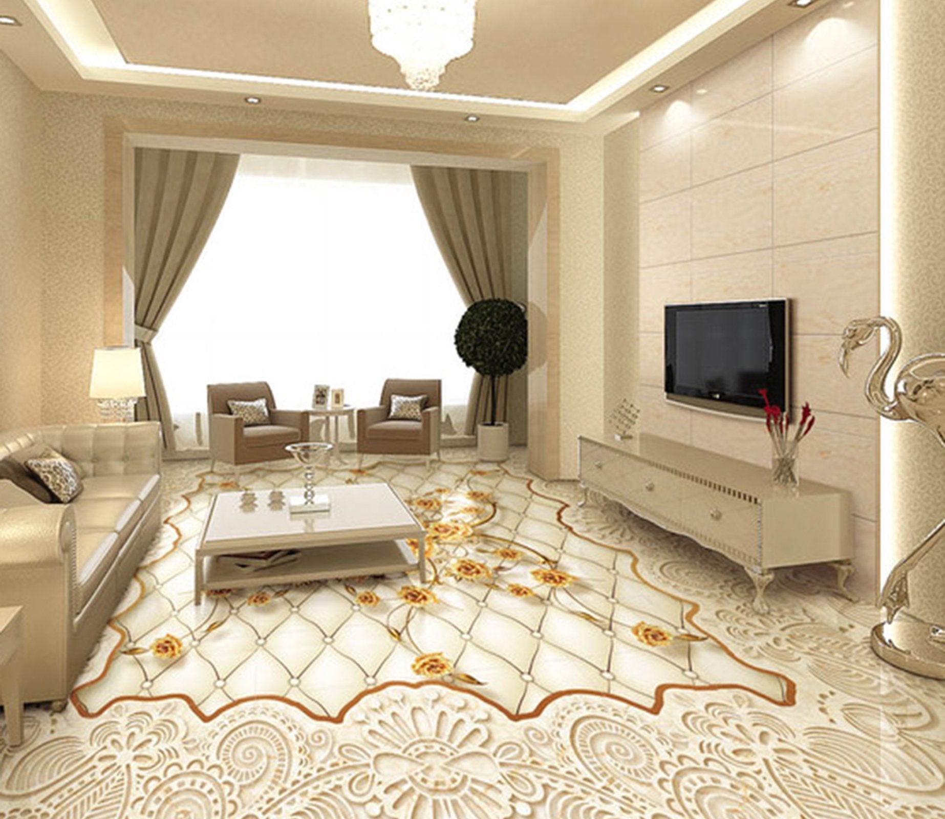 3D Golden Flowers WG033 Floor Mural Wallpaper AJ Wallpaper 2 