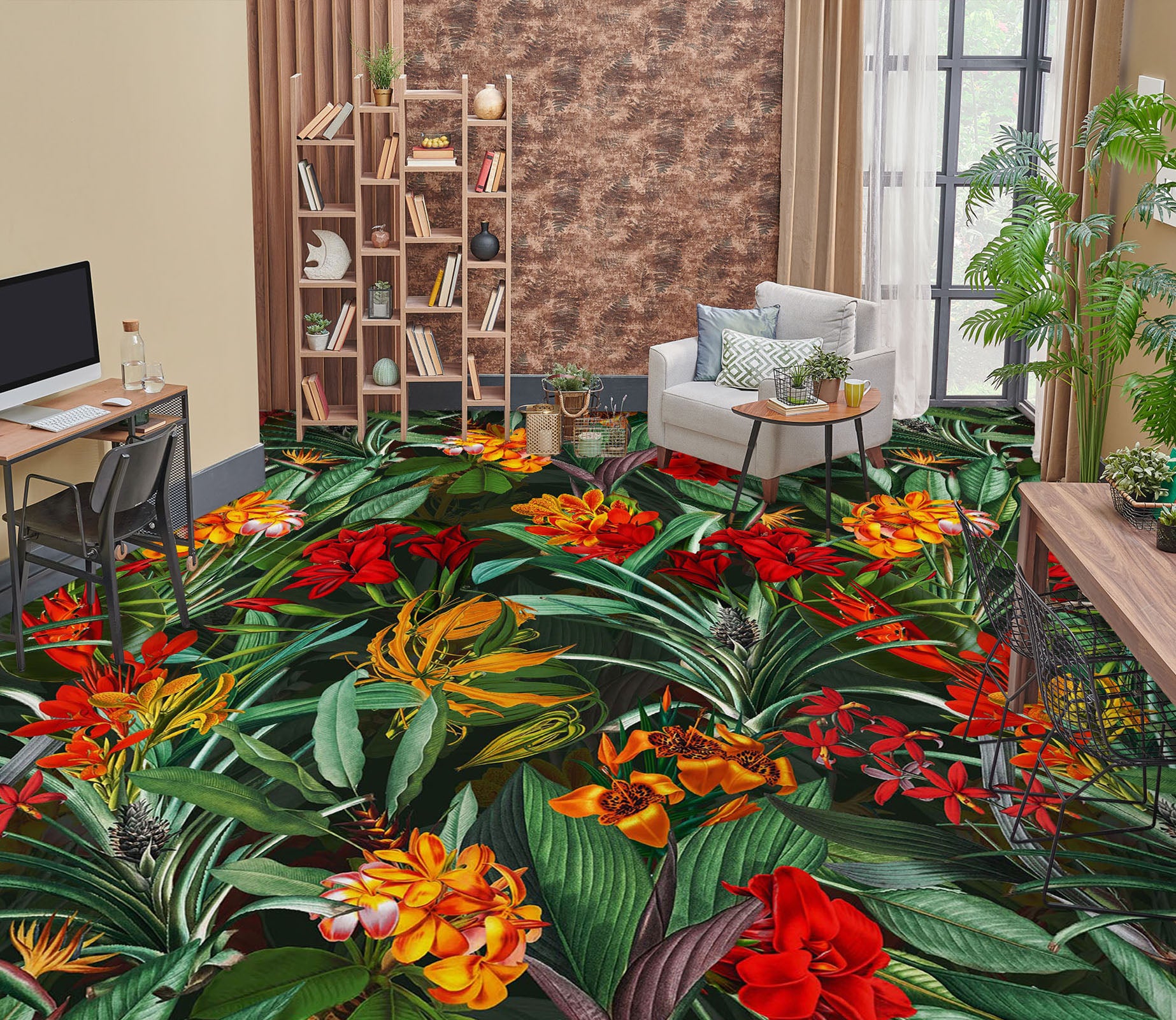 3D Red Flowers Leaves 99194 Uta Naumann Floor Mural  Wallpaper Murals Self-Adhesive Removable Print Epoxy