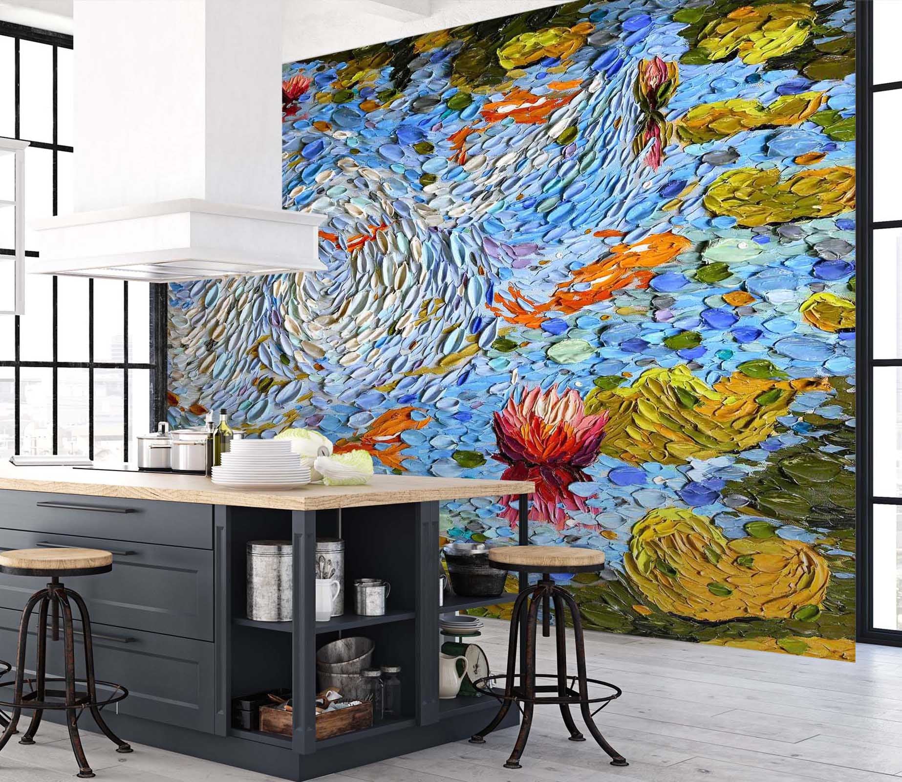 3D Lotus Pond 1409 Dena Tollefson Wall Mural Wall Murals