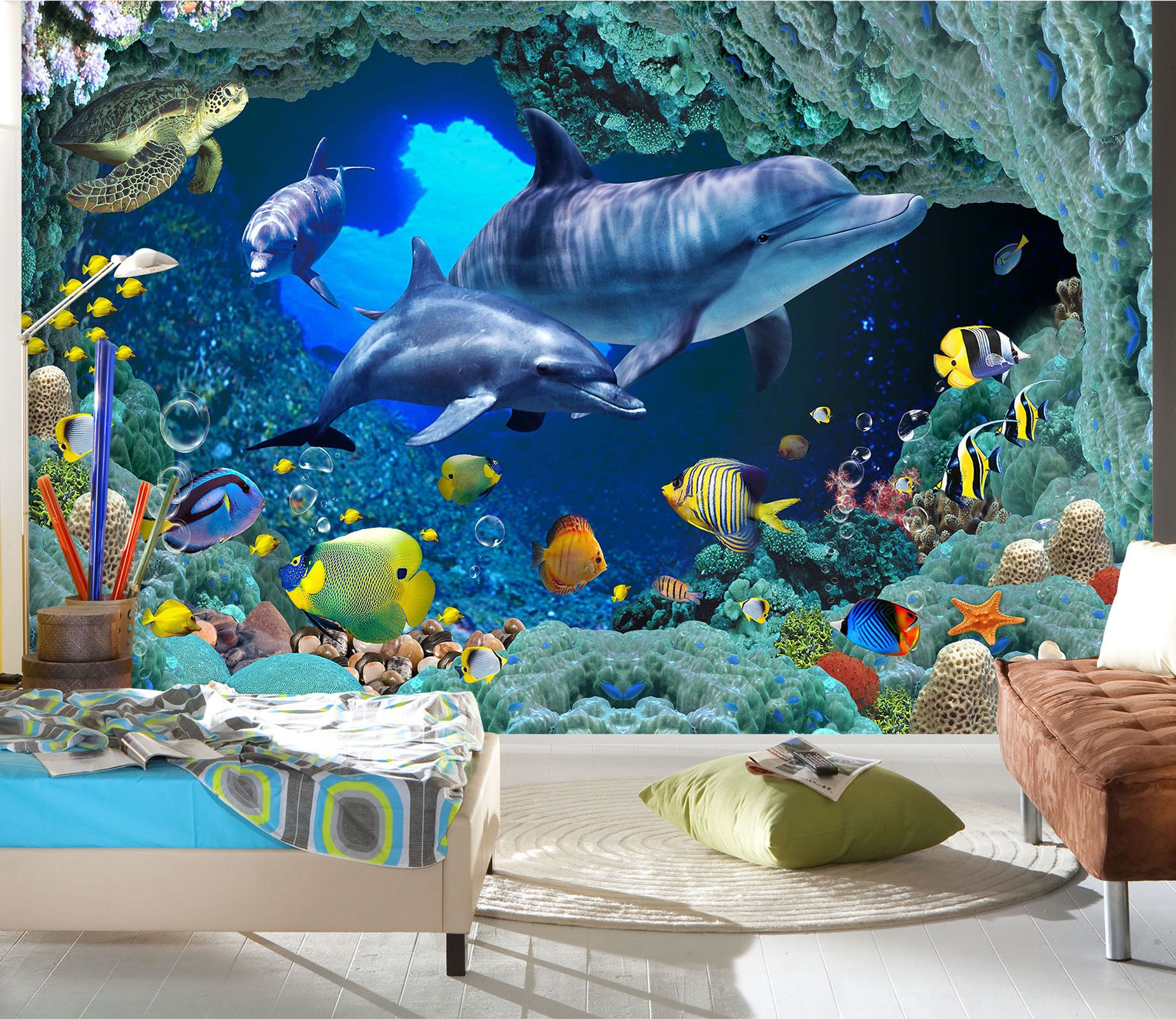 3D Dolphin Swimming 1636 Wall Murals