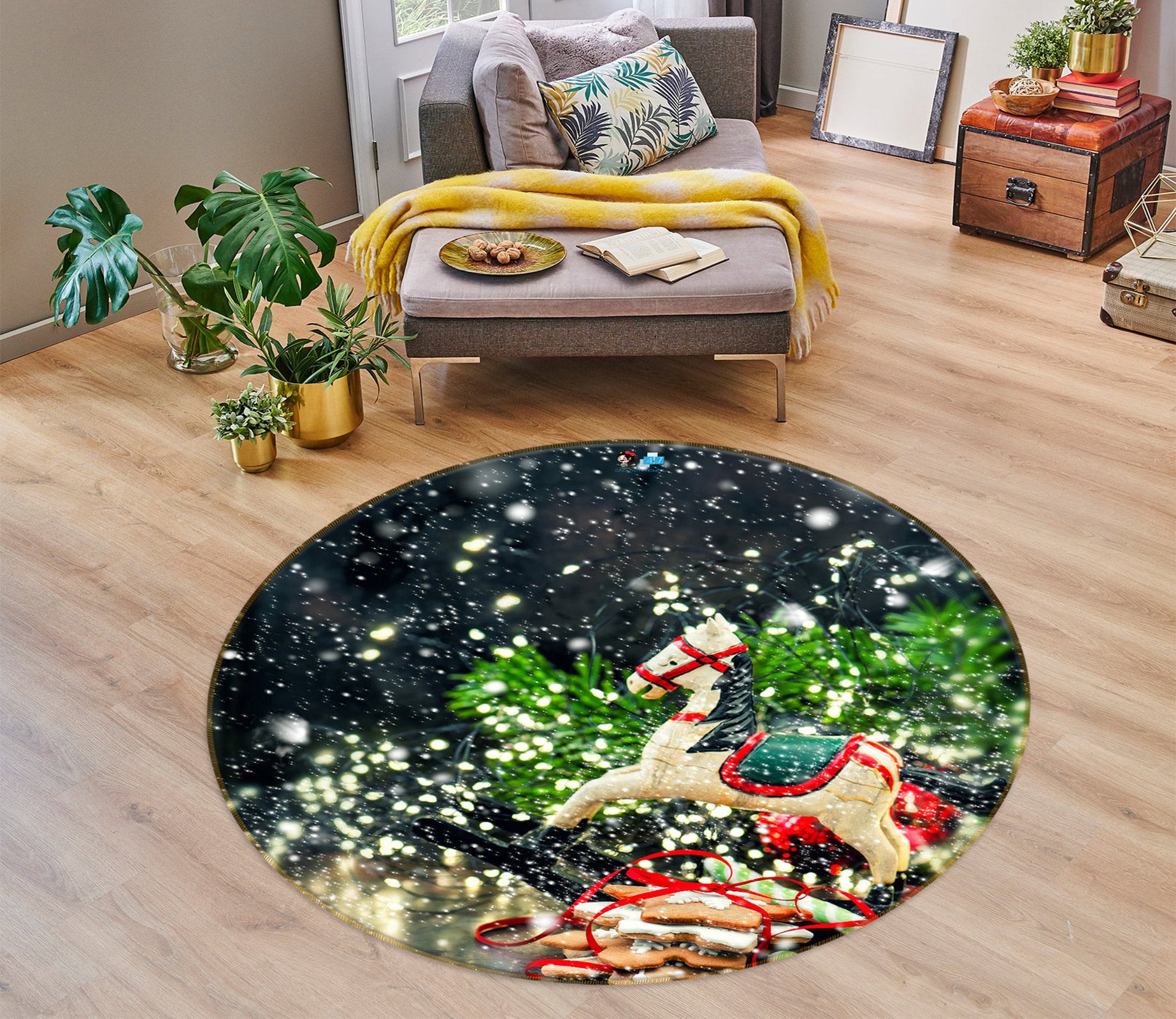 3D Trojan Horse 55183 Christmas Round Non Slip Rug Mat Xmas