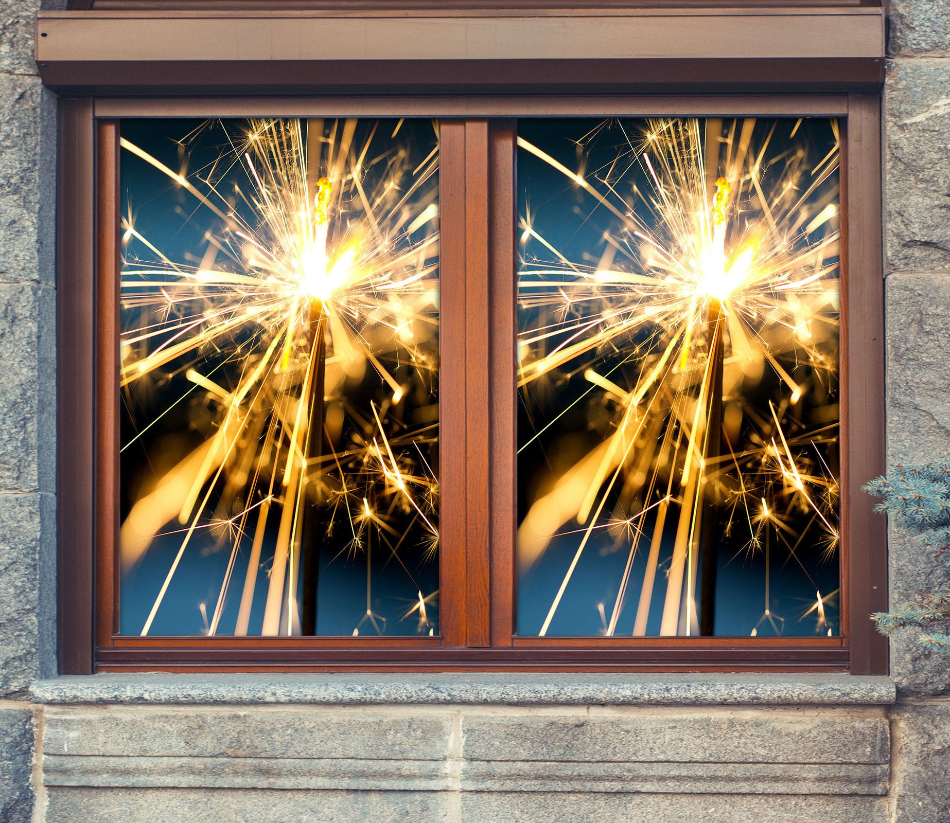 3D Fireworks 30131 Christmas Window Film Print Sticker Cling Stained Glass Xmas