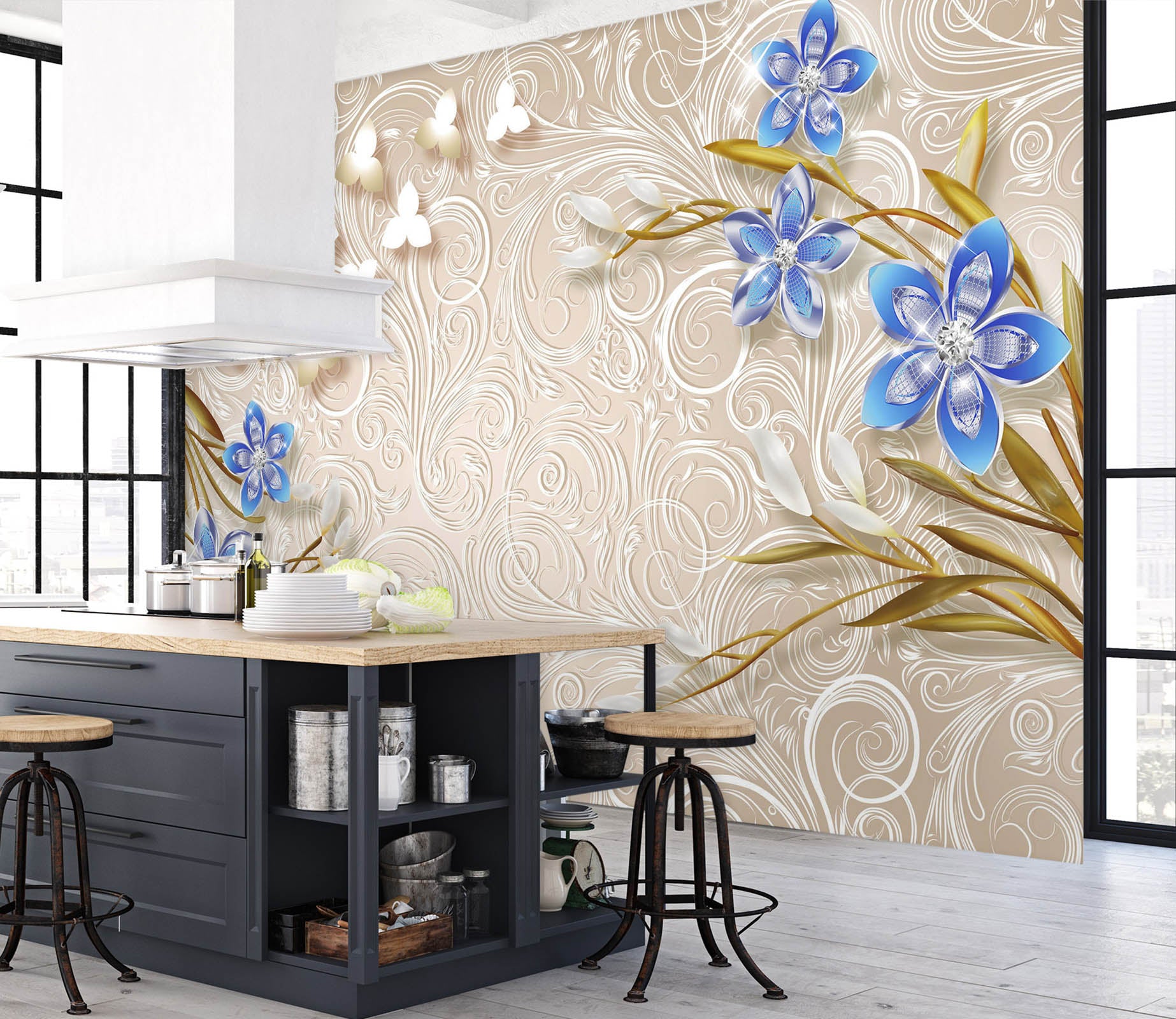 3D Blue Flowers 1480 Wall Murals