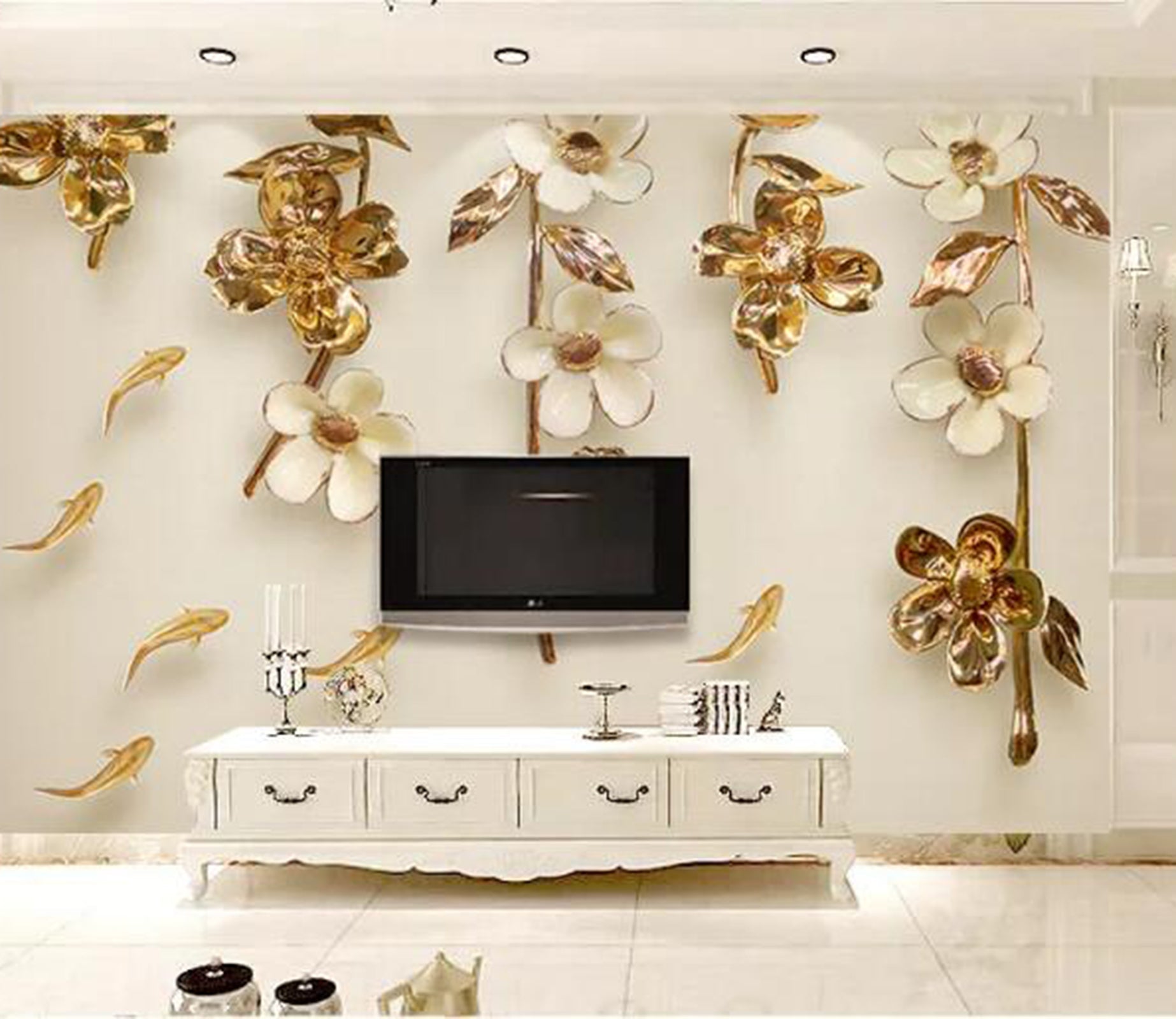 3D Golden Flowers WG85 Wall Murals Wallpaper AJ Wallpaper 2 
