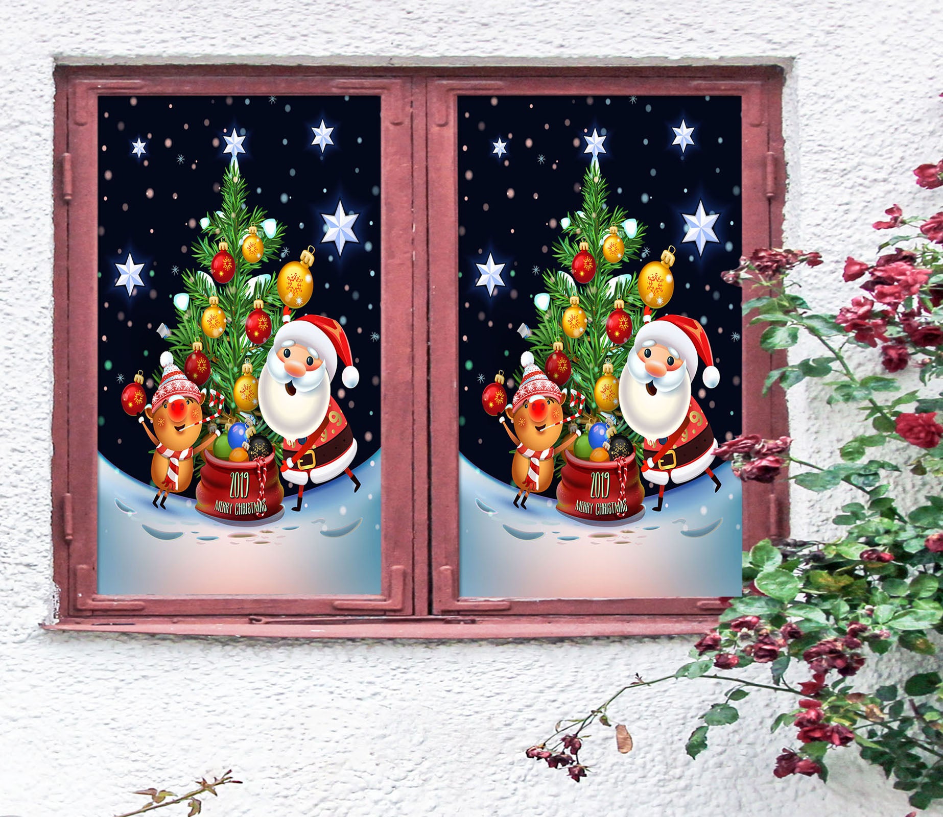 3D Santa Tree Deer 31065 Christmas Window Film Print Sticker Cling Stained Glass Xmas