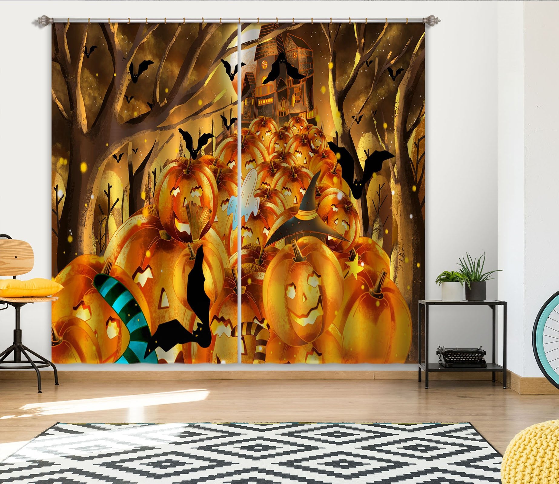 3D Bat Ghost Pumpkin 028 Halloween Curtains Drapes Curtains AJ Creativity Home 