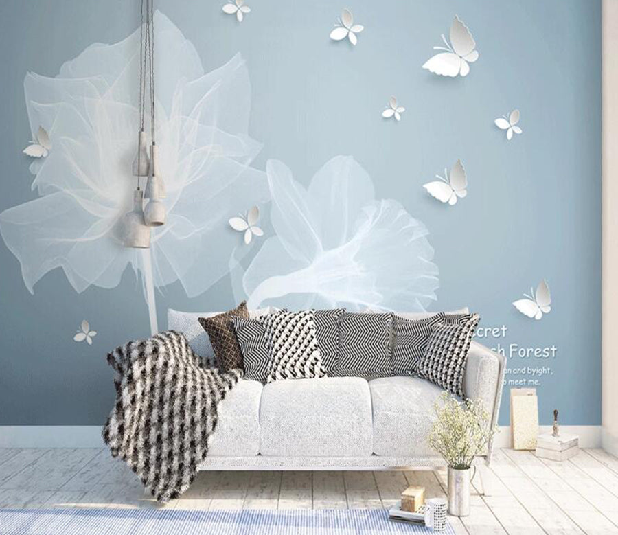 3D White Butterfly And Flower 918 Wall Murals