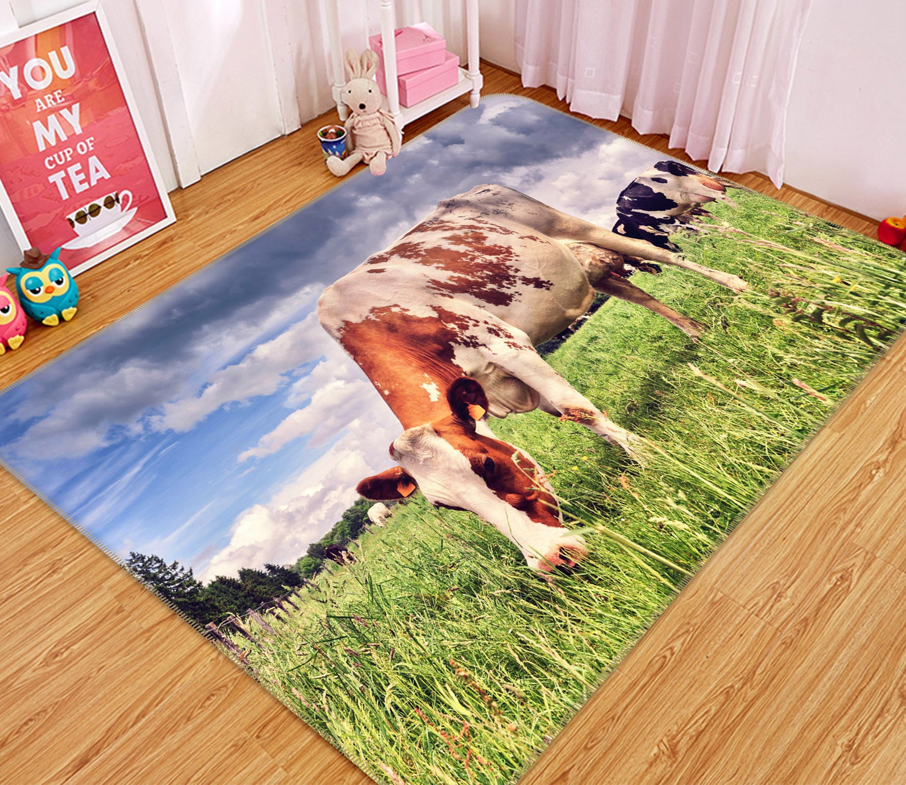3D Cow Eating Grass 035 Animal Non Slip Rug Mat