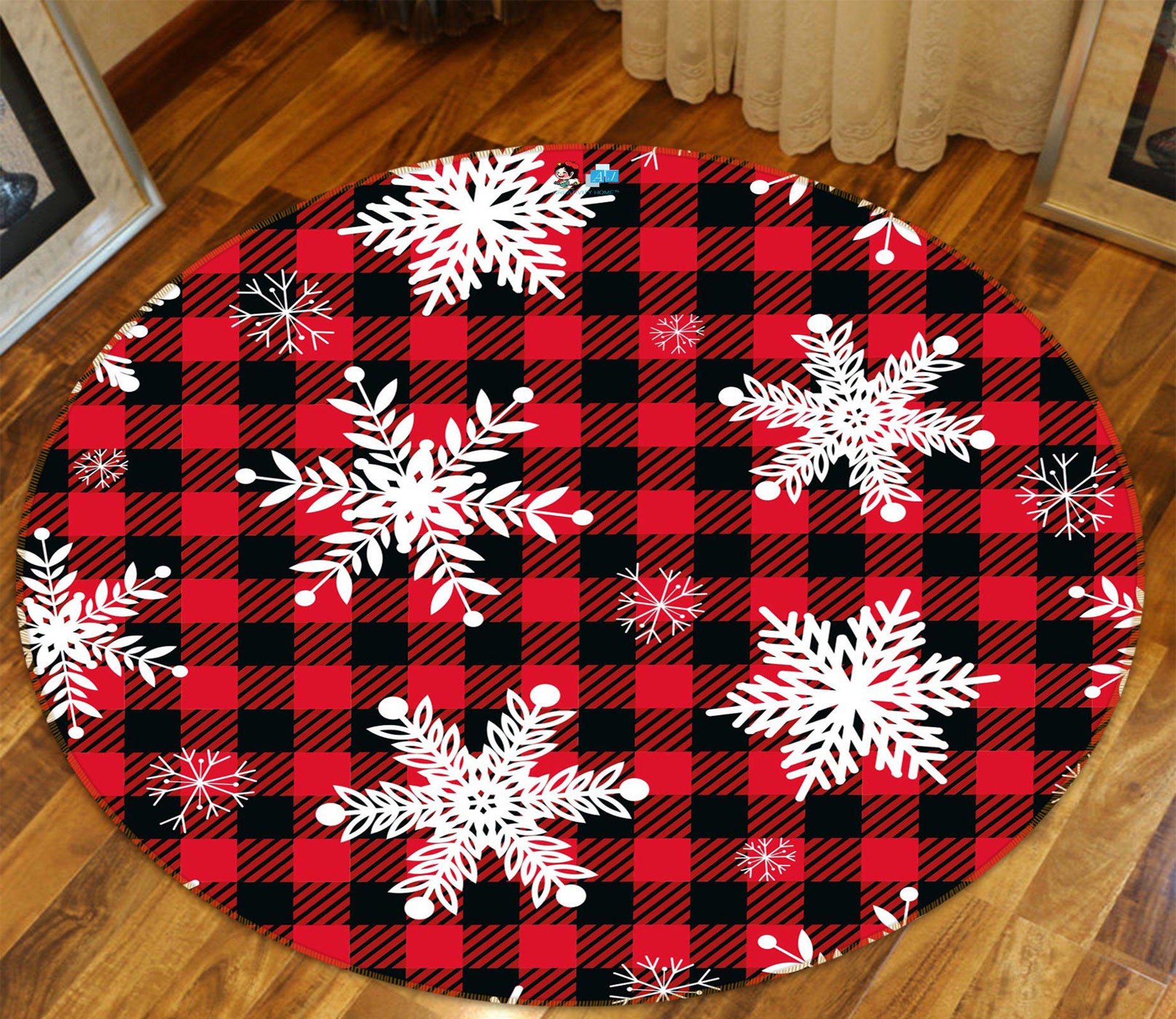 3D Snowflake Red Black Grid 55243 Christmas Round Non Slip Rug Mat Xmas