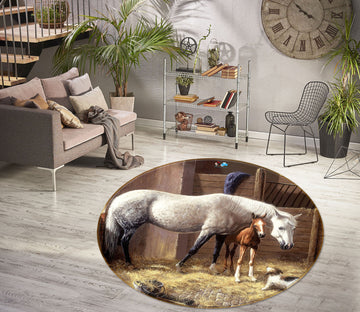 3D White Horse Meadow 034 Kevin Walsh Rug Round Non Slip Rug Mat