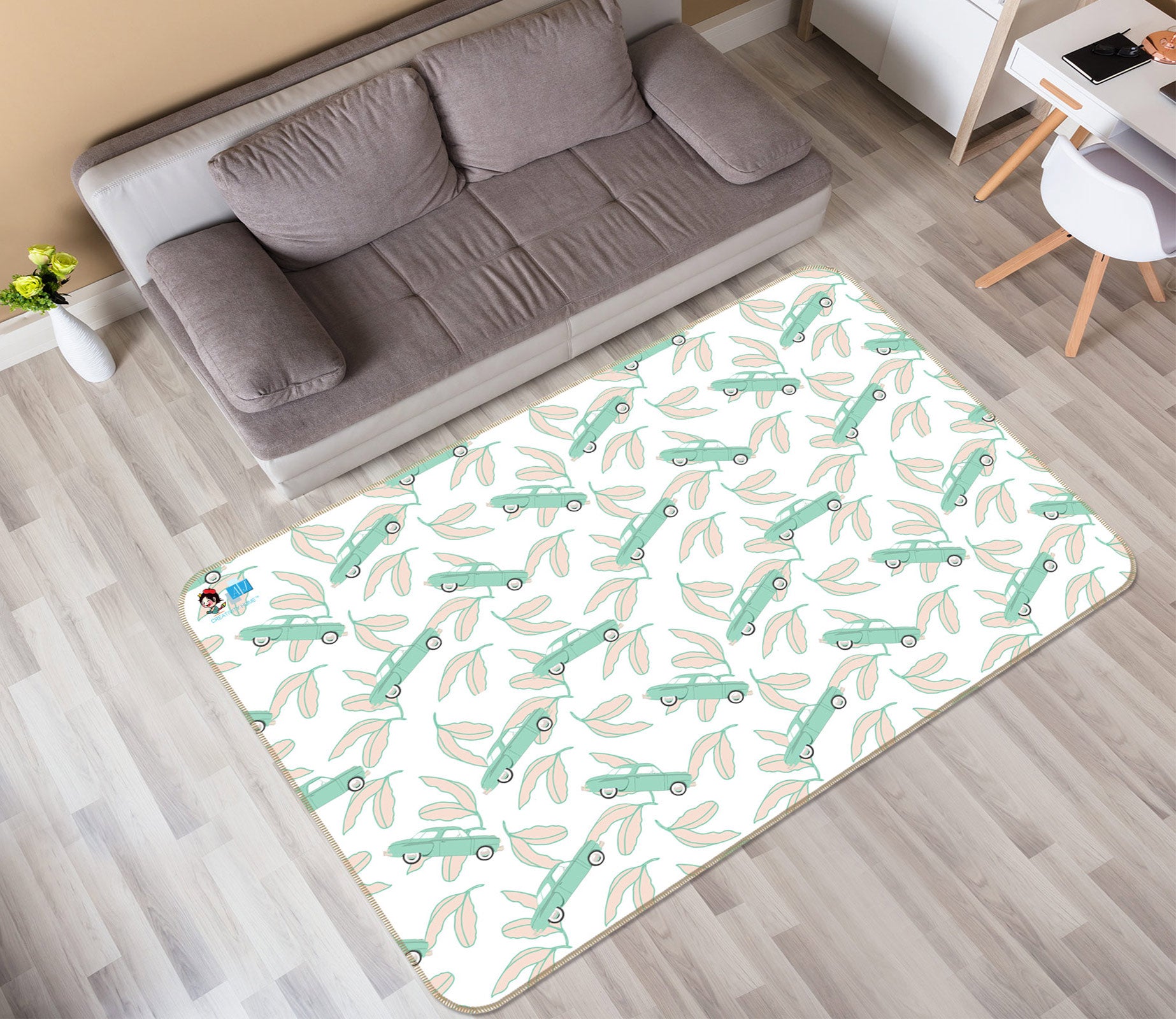 3D Green Car Pattern 9877 Kasumi Loffler Rug Non Slip Rug Mat