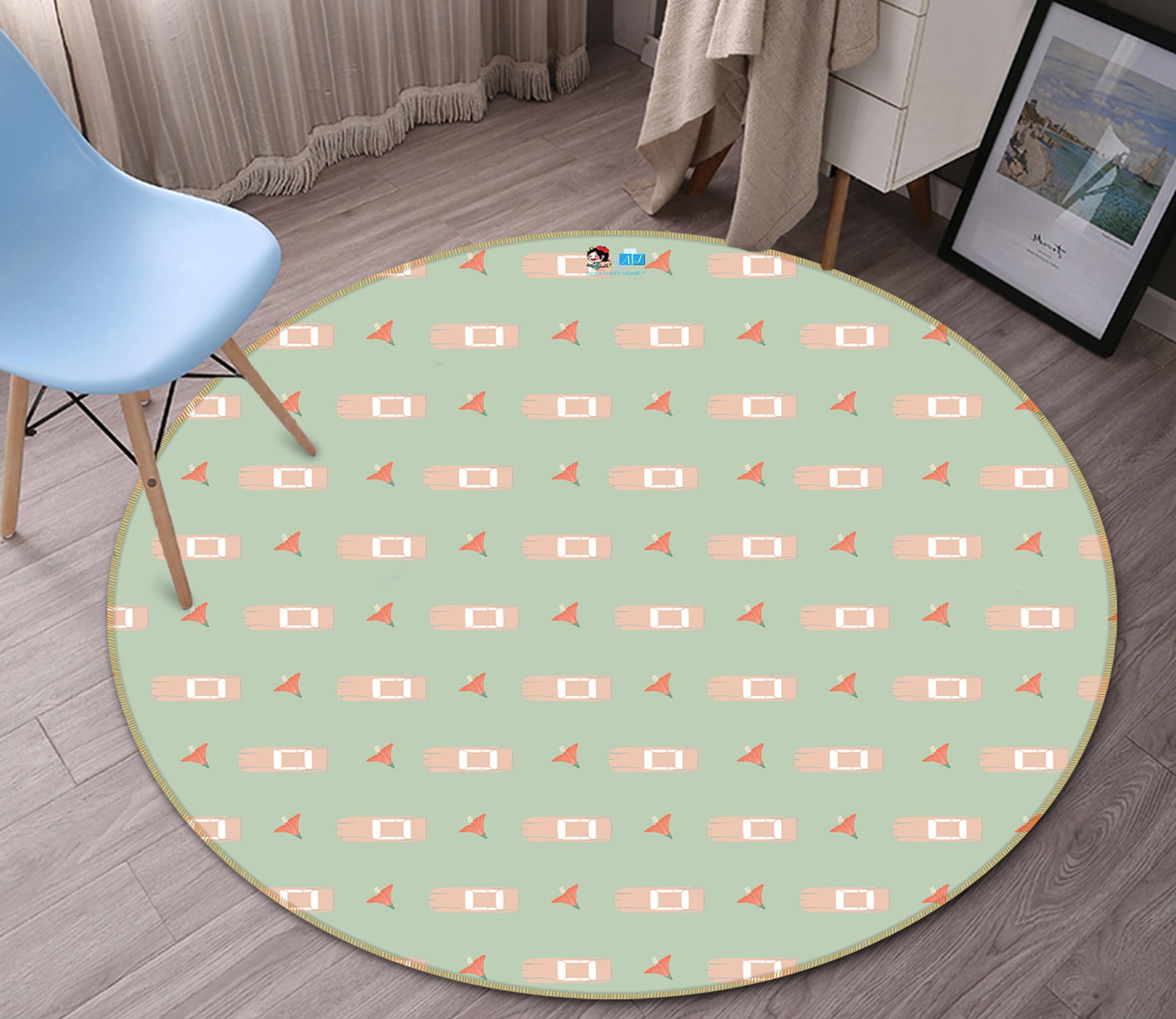 3D Car Flower Pattern 9894 Kasumi Loffler Rug Round Non Slip Rug Mat