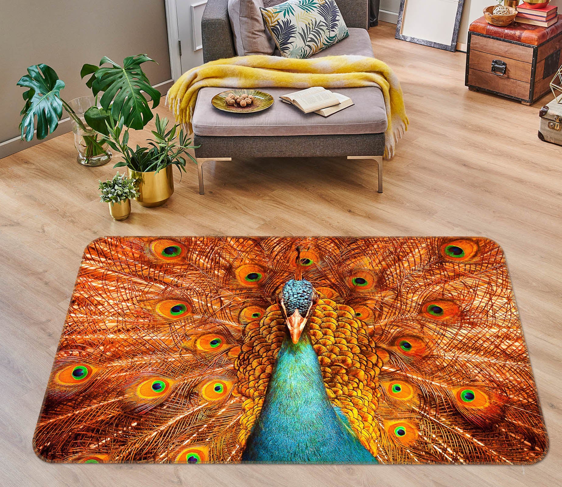 3D Orange Peacock 115 Animal Non Slip Rug Mat