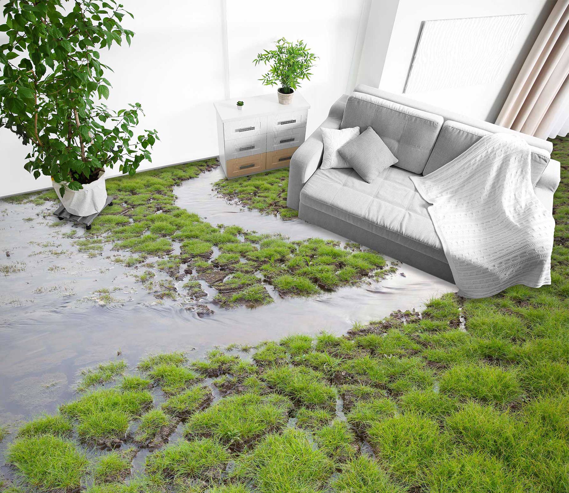 3D Green Grass In The Water 655 Floor Mural