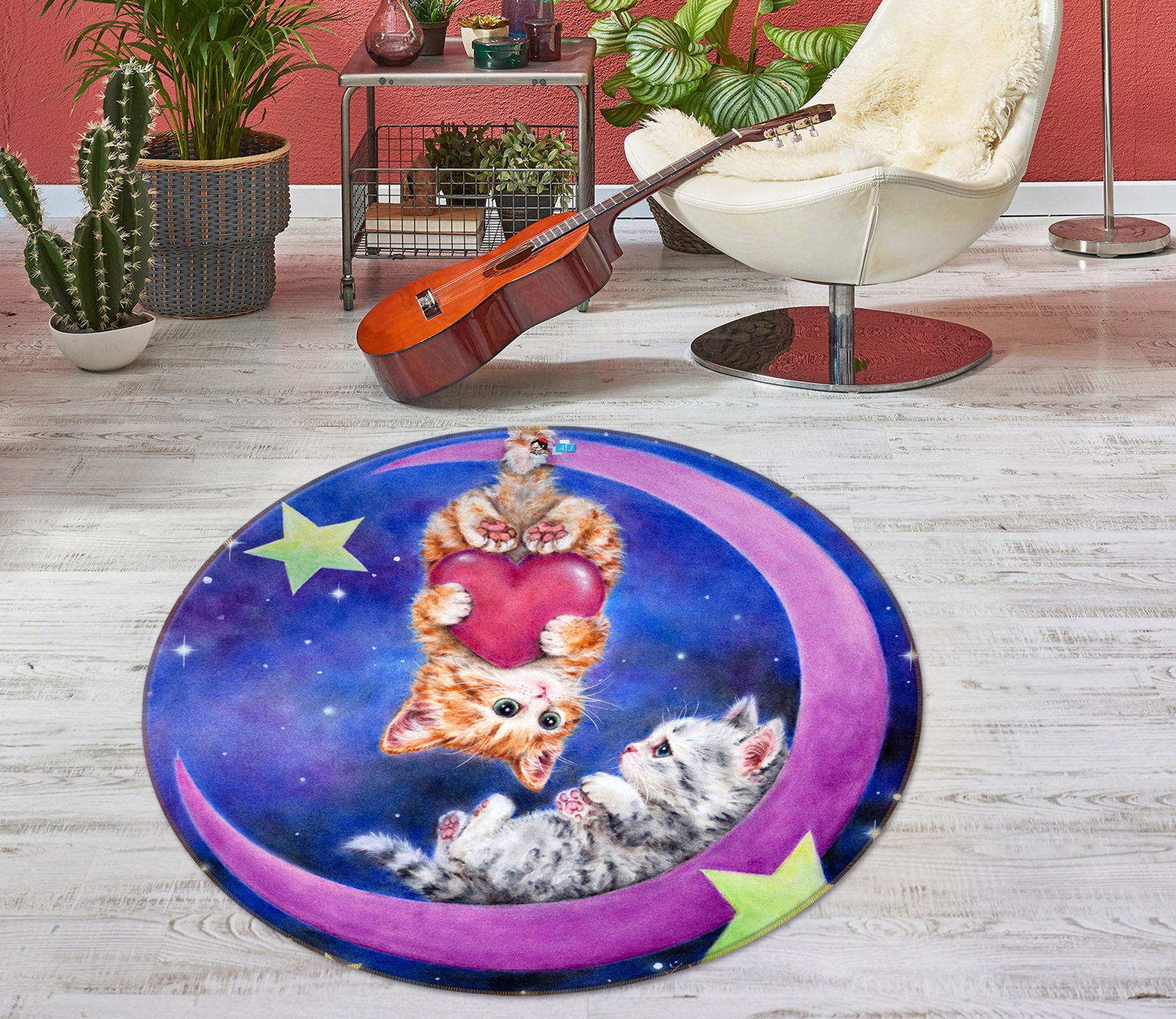 3D Moon Love Cat 6058 Kayomi Harai Rug Round Non Slip Rug Mat