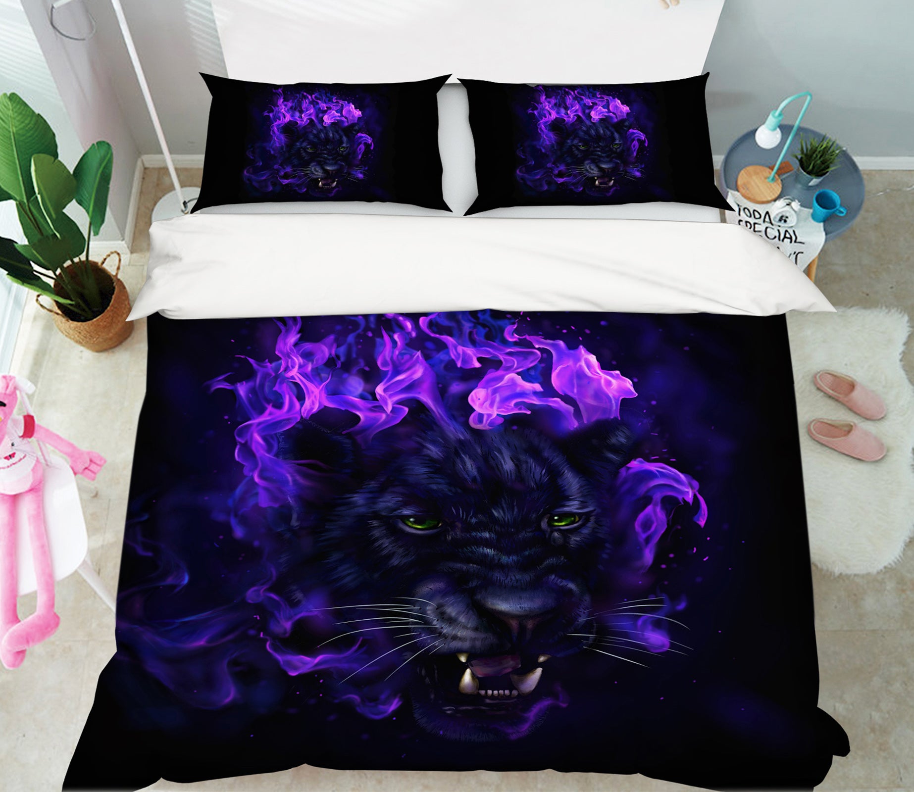 3D Purple Flame Tiger 109 Bed Pillowcases Quilt