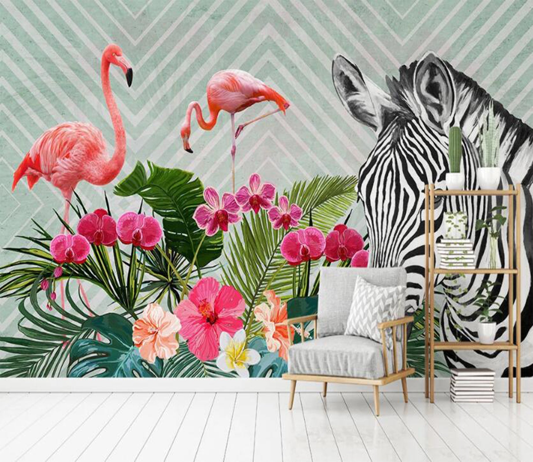 3D Zebra And Flamingo 2027 Wall Murals