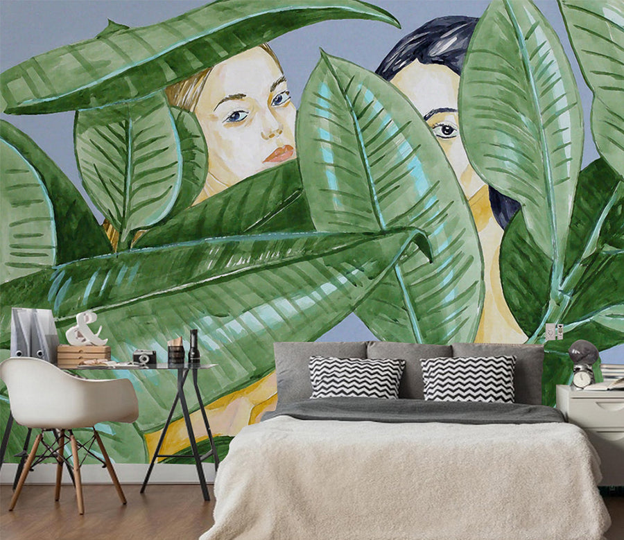 3D Leaves Girl WC027 Wall Murals