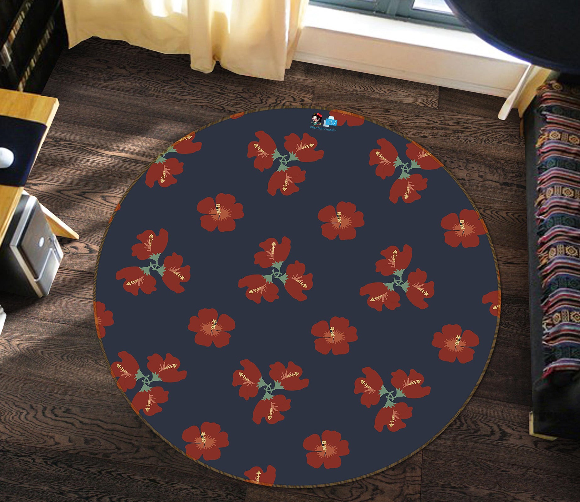 3D Red Flowers 9898 Kasumi Loffler Rug Round Non Slip Rug Mat
