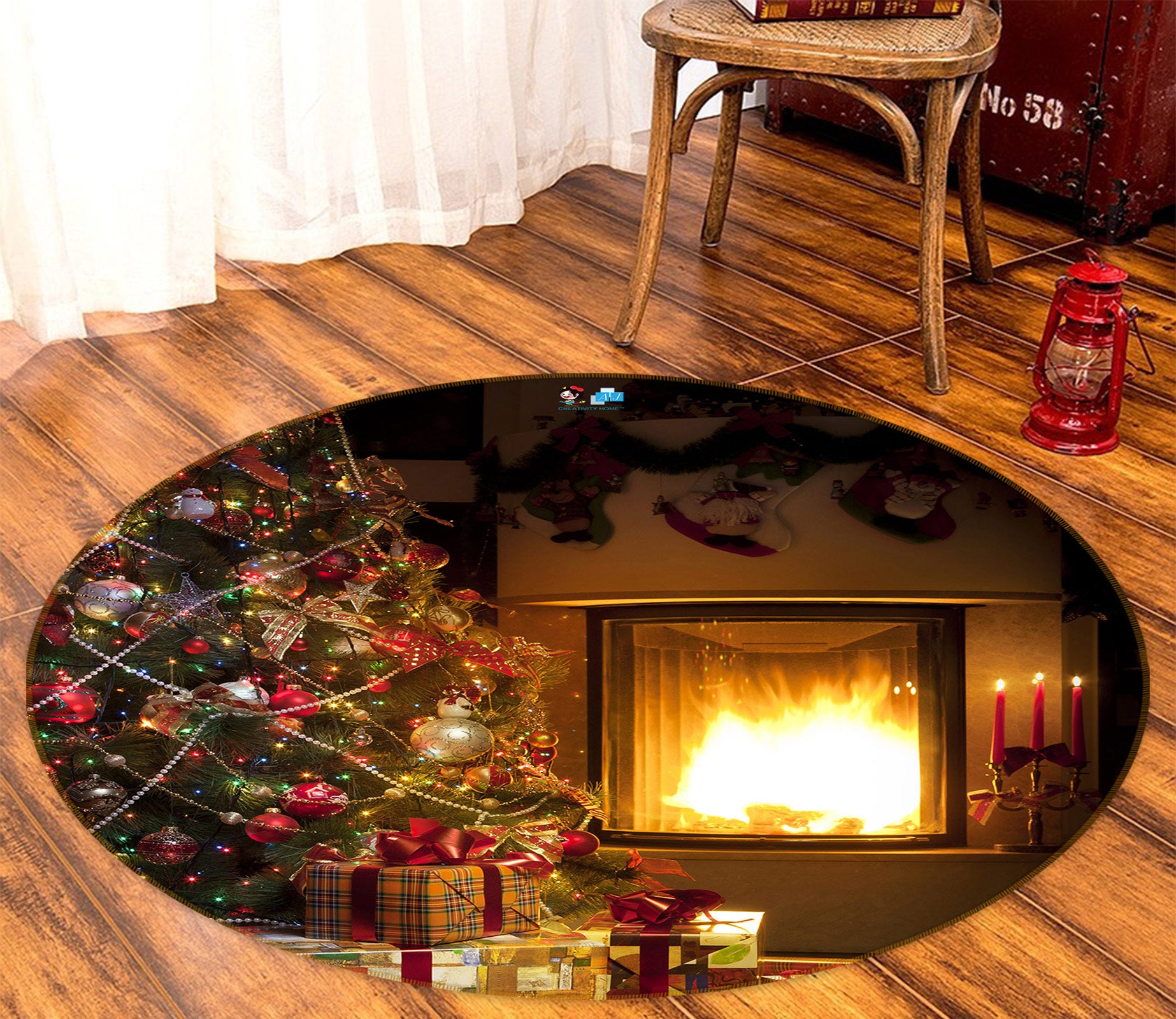 3D Tree Fireplace 55162 Christmas Round Non Slip Rug Mat Xmas