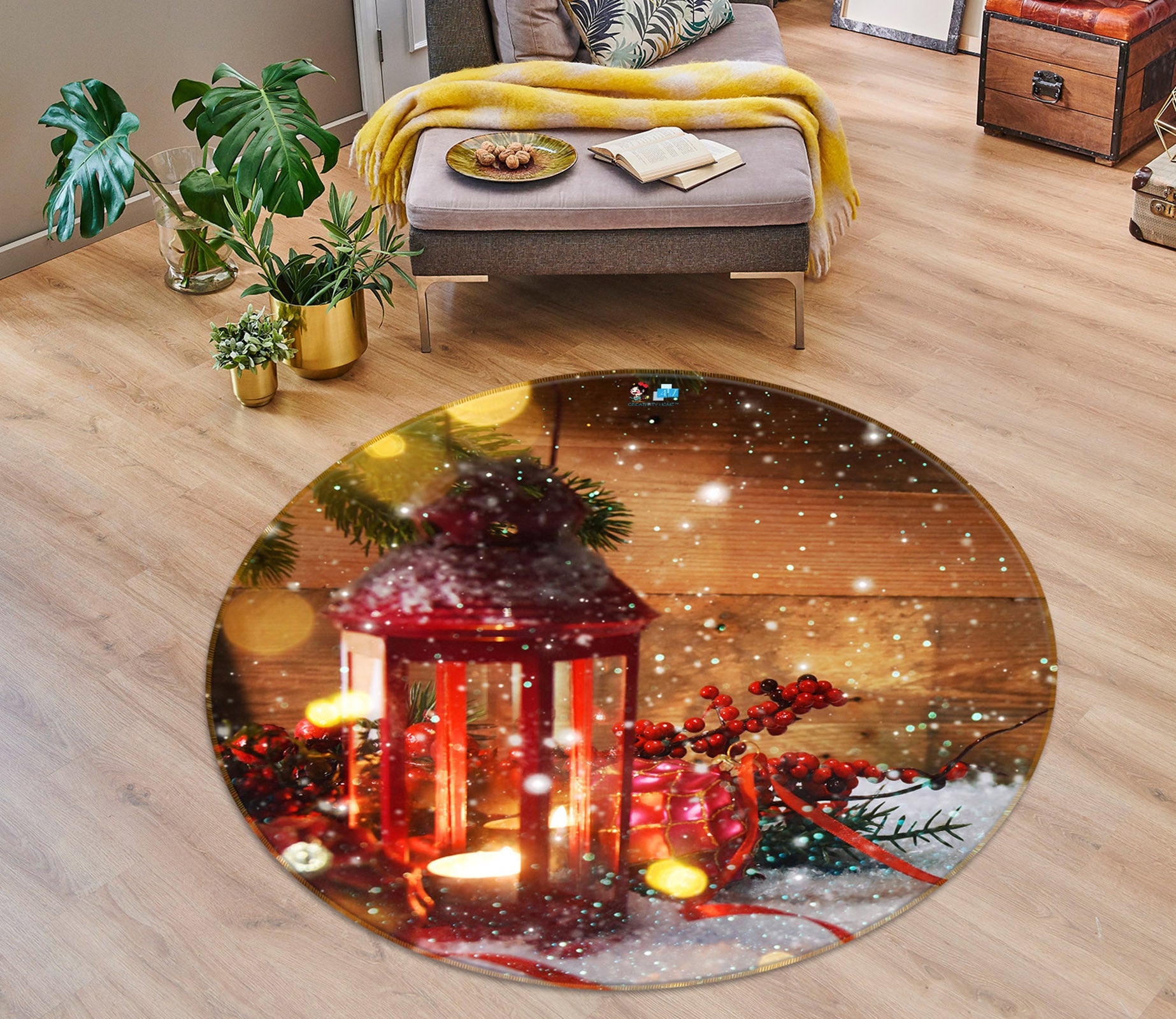 3D Snowflake Light 56052 Christmas Round Non Slip Rug Mat Xmas