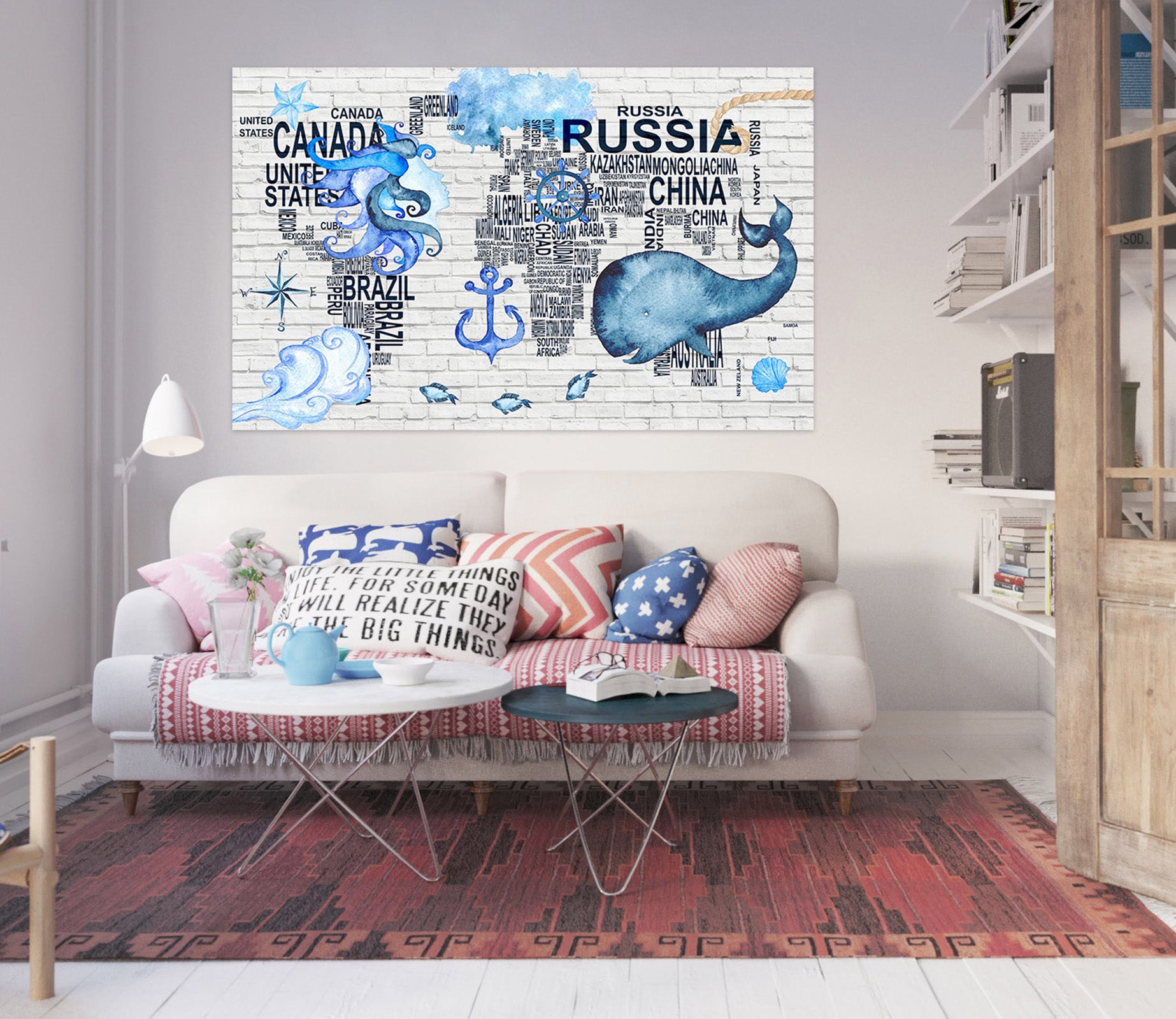 3D Blue Whale 116 World Map Wall Sticker