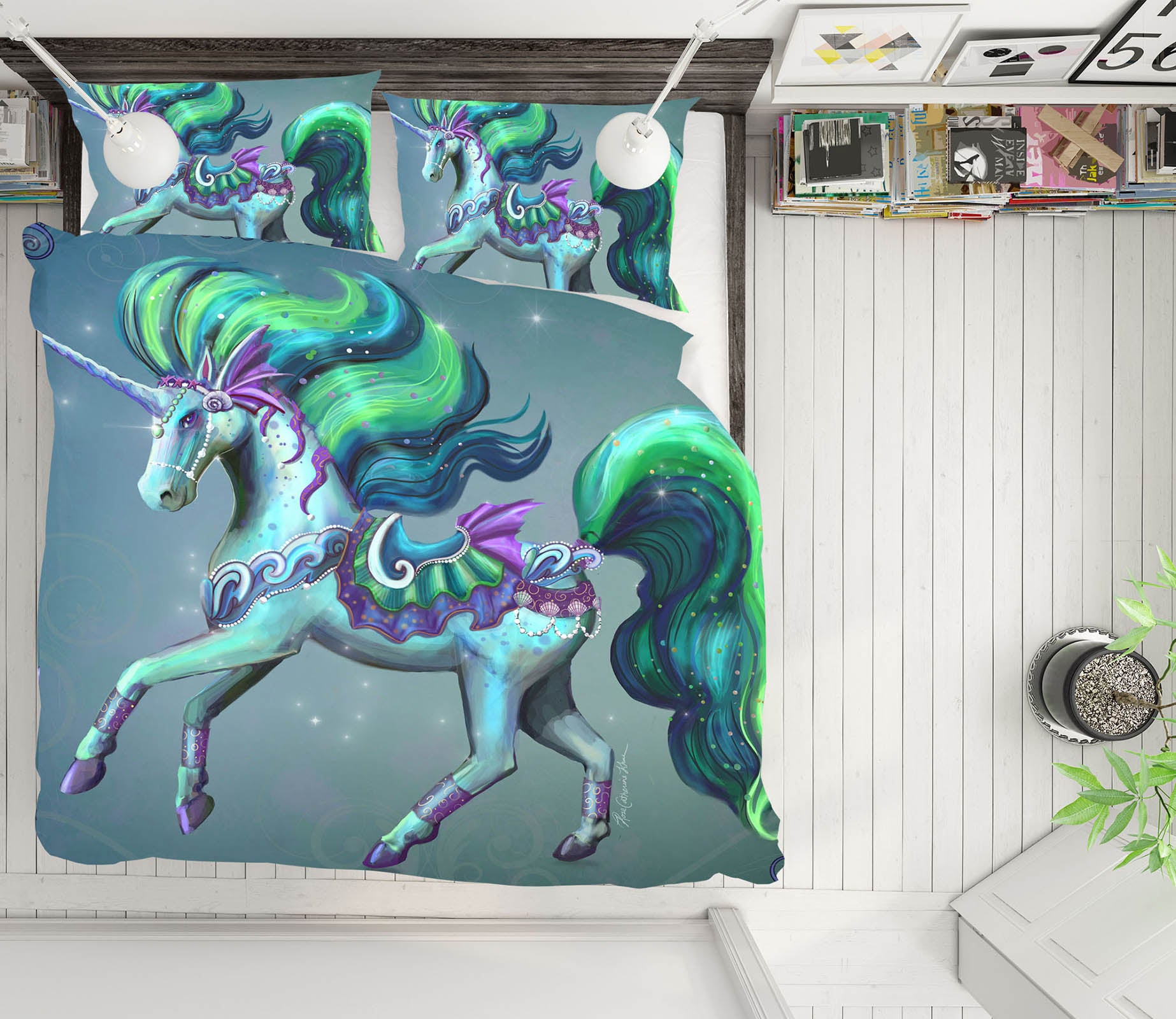 3D Green Unicorn 119 Rose Catherine Khan Bedding Bed Pillowcases Quilt