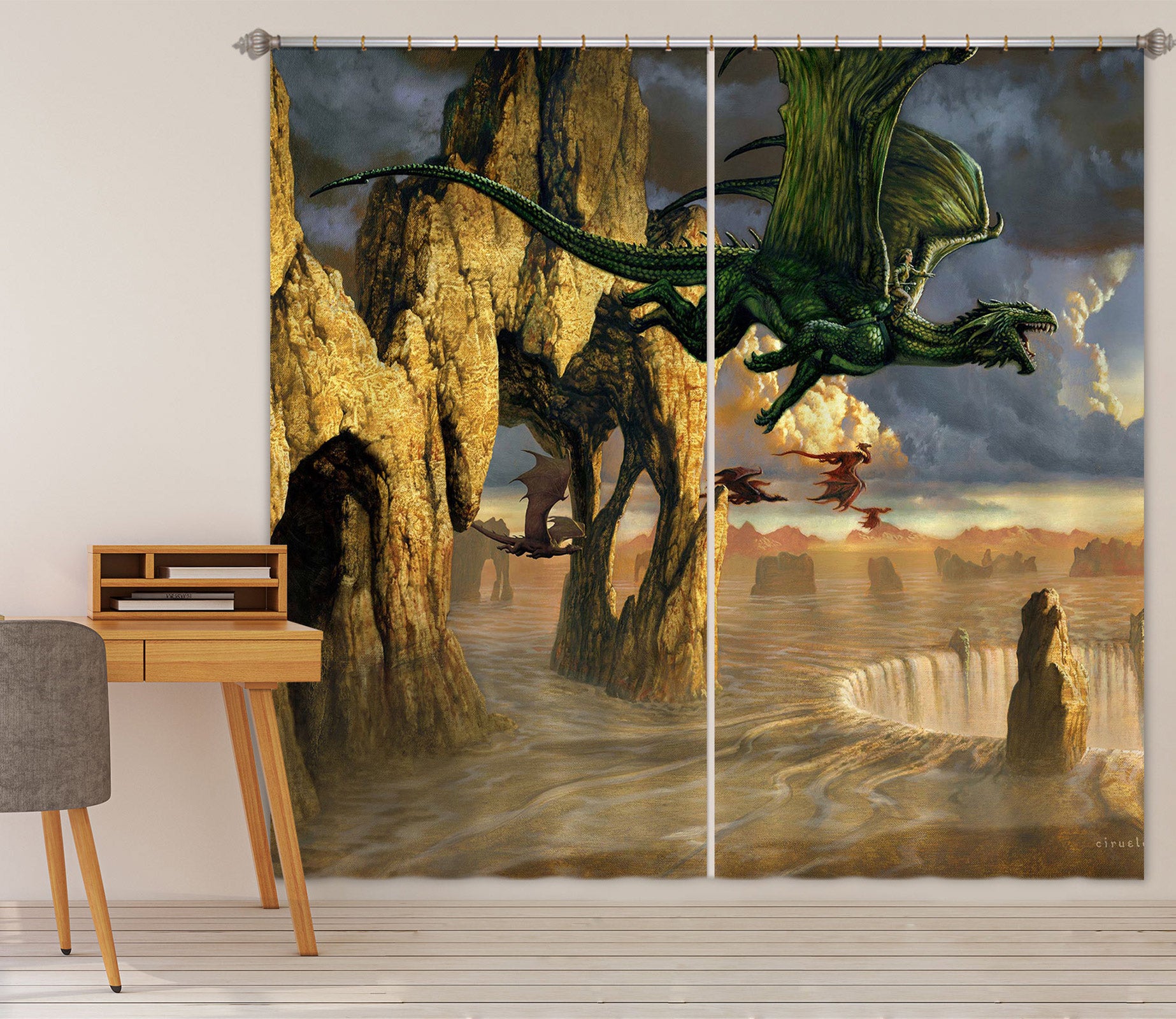 3D Fly Dragon Stone 8010 Ciruelo Curtain Curtains Drapes