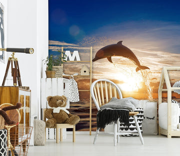 3D Sunset Dolphin 048 Wall Murals Wallpaper AJ Wallpaper 2 