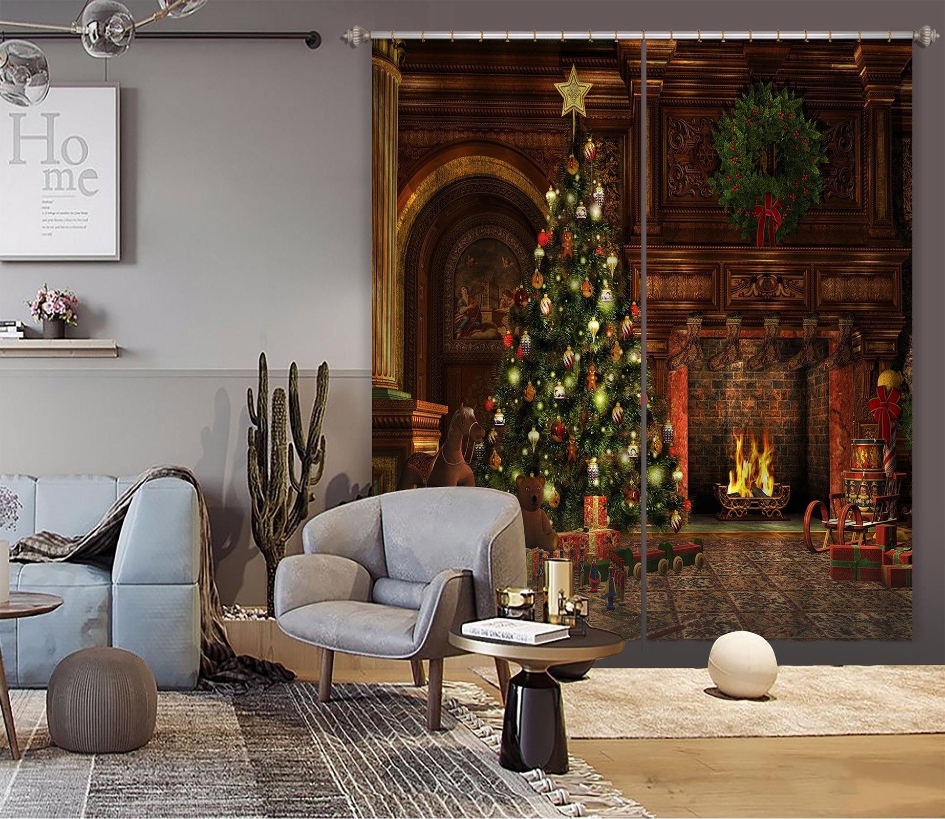 3D Fireplace Tree 53064 Christmas Curtains Drapes Xmas