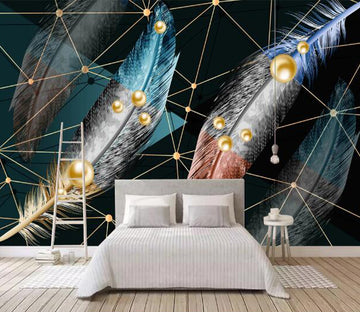 3D Golden Beads Feathers WC2313 Wall Murals