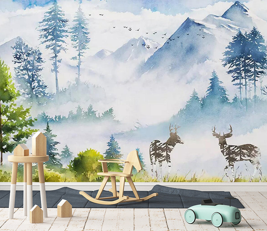 3D Snow Mountain Deer WC463 Wall Murals