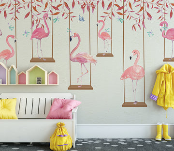 3D Pink Leaf Flamingo WG018 Wall Murals