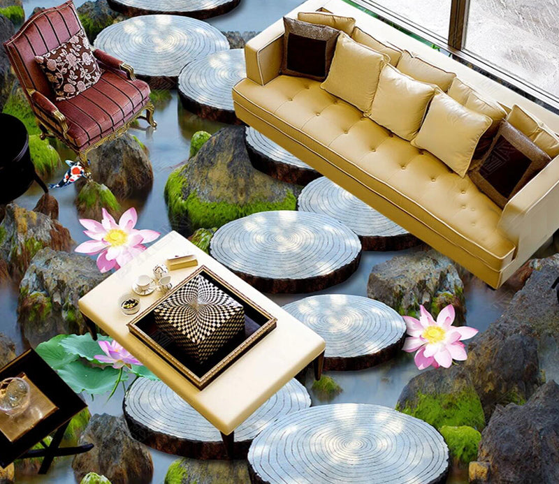 3D June Lotus 080 Floor Mural  Self-Adhesive Sticker Bathroom Non-slip Waterproof Flooring Murals