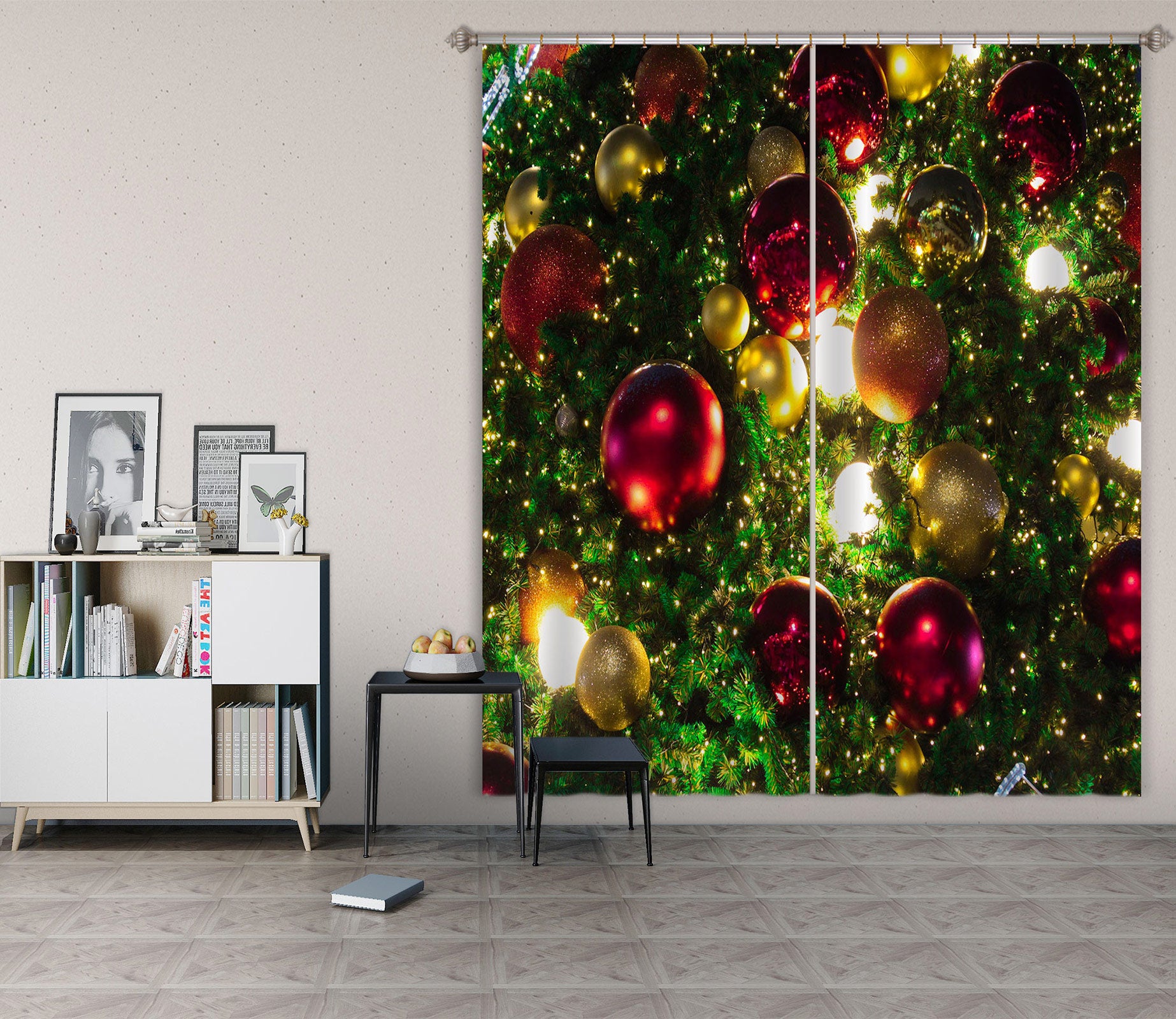3D Red Golden Ball 53111 Christmas Curtains Drapes Xmas