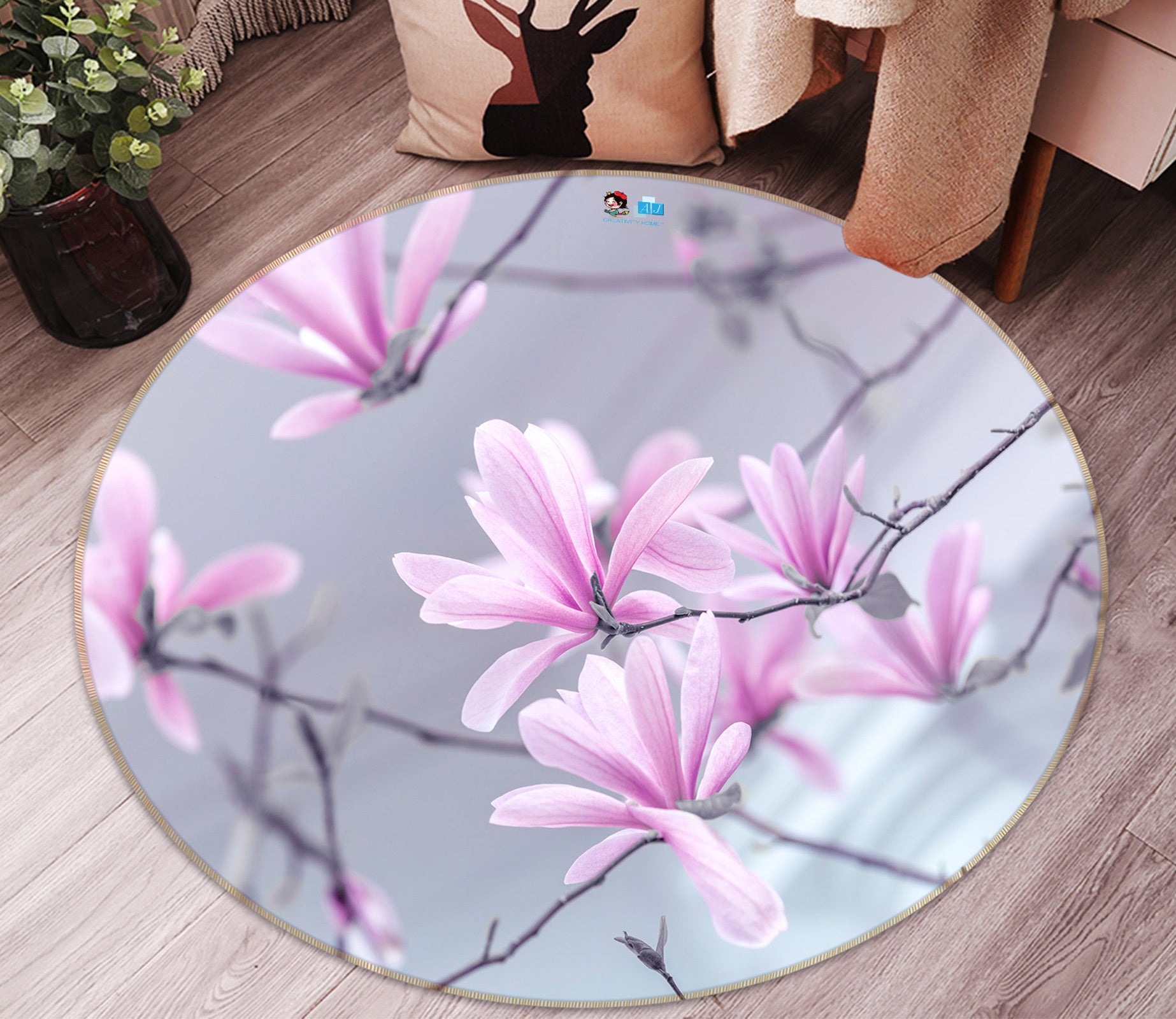 3D Pink Flower 7544 Assaf Frank Rug Round Non Slip Rug Mat