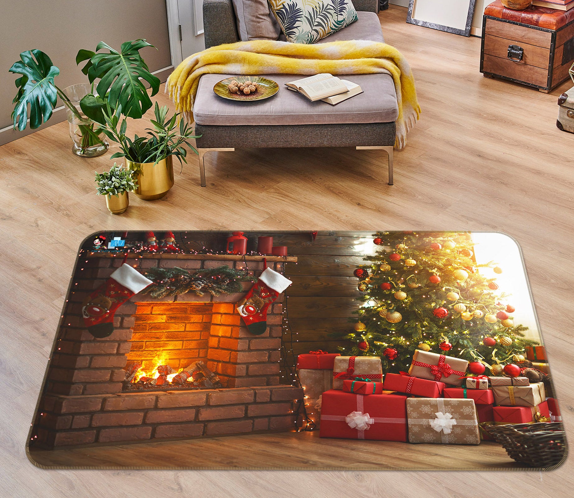3D Fireplace Gifts 56238 Christmas Non Slip Rug Mat Xmas