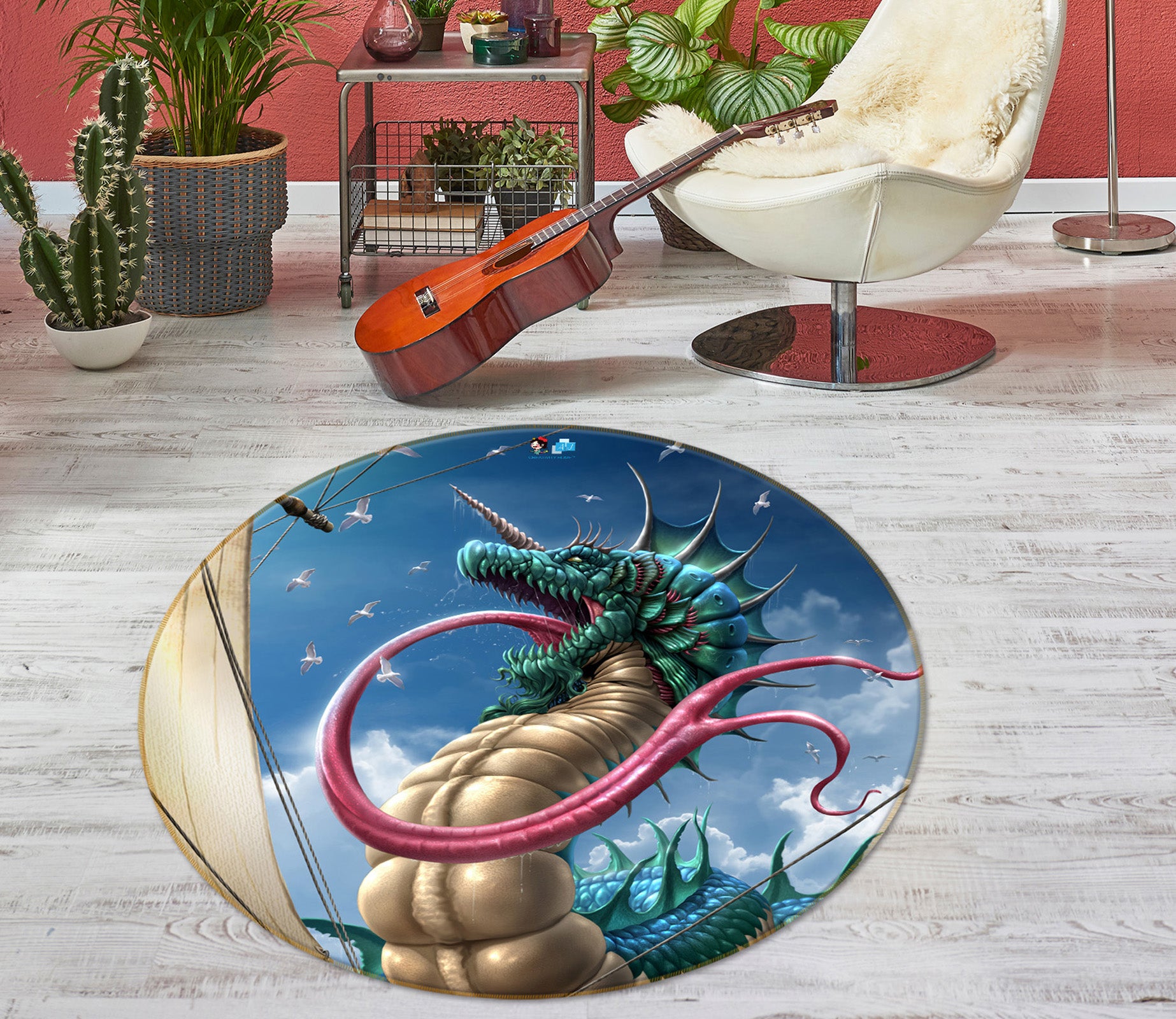 3D Long Tongue Dragon 4178 Tom Wood Rug Round Non Slip Rug Mat