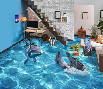 3D Encounter Of Dolphins 1333 Floor Mural  Wallpaper Murals Self-Adhesive Removable Print Epoxy